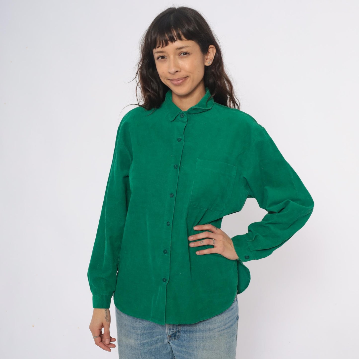 80s Hang Ten Emerald Green Corduroy Shirt Button-Up Long Sleeve Large L