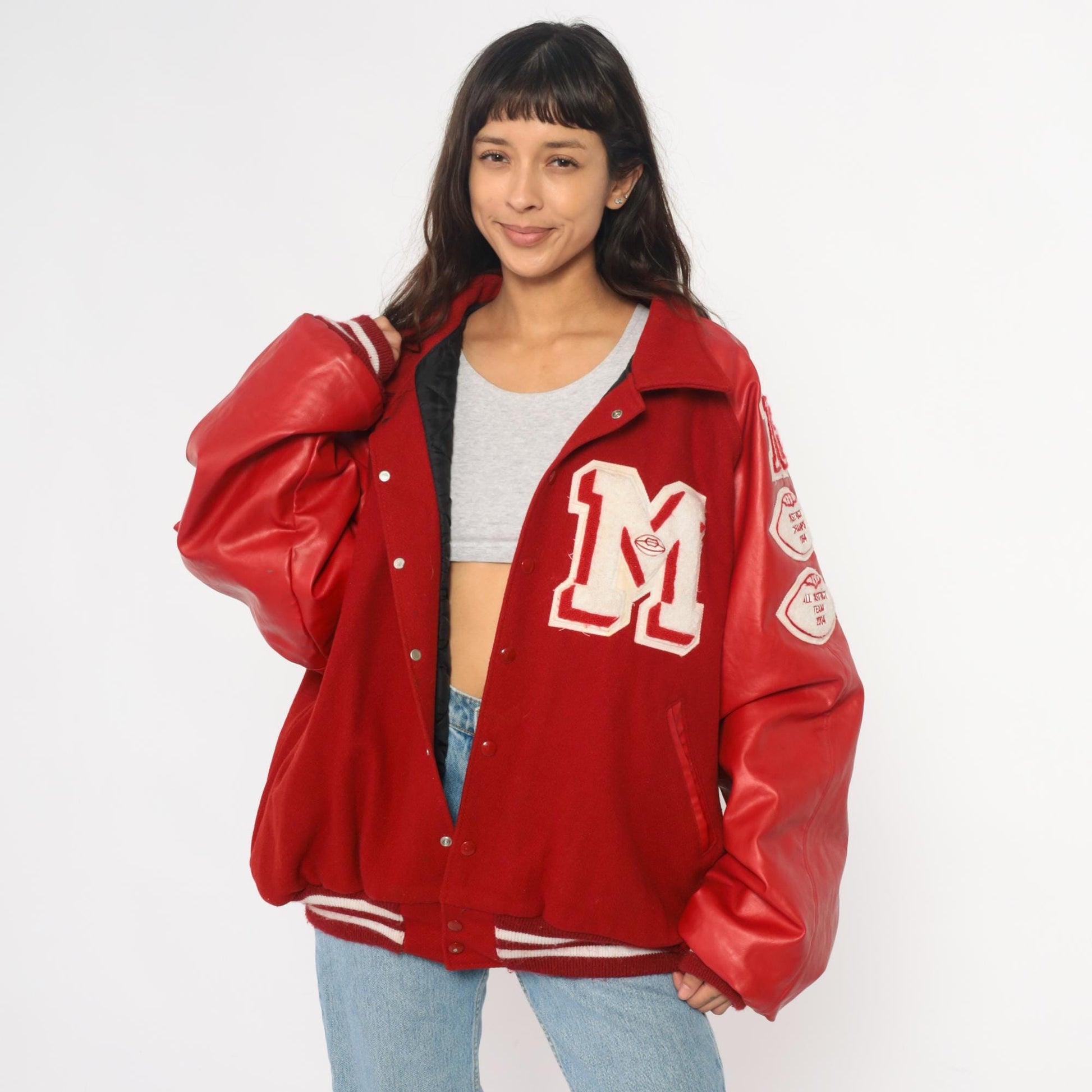 Y2K Neff Red Wool Varsity Jacket Leather Sleeves Football Patches XXL