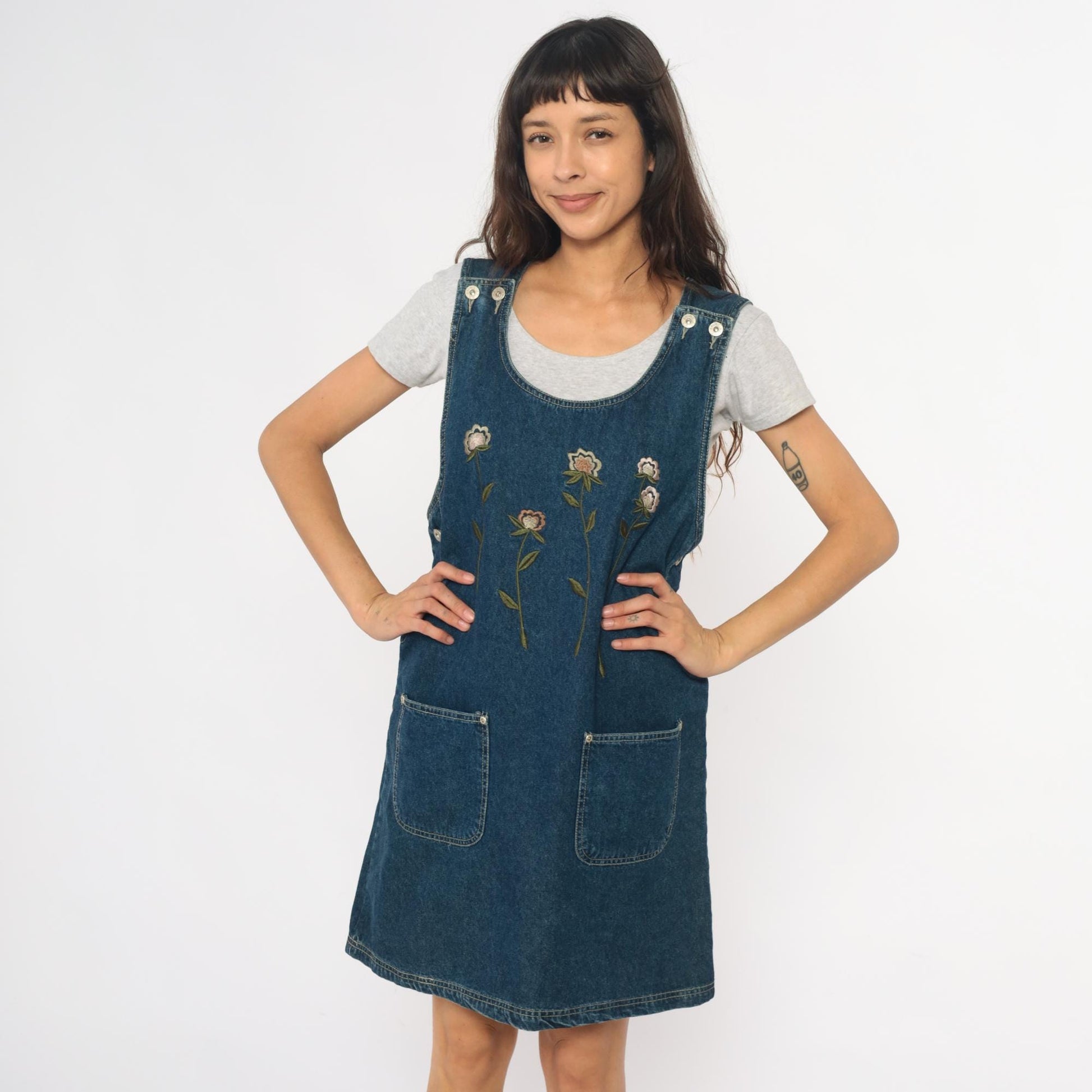 90s Floral Embroidered Denim Jumper Dress Blue Jean Pinafore Medium M