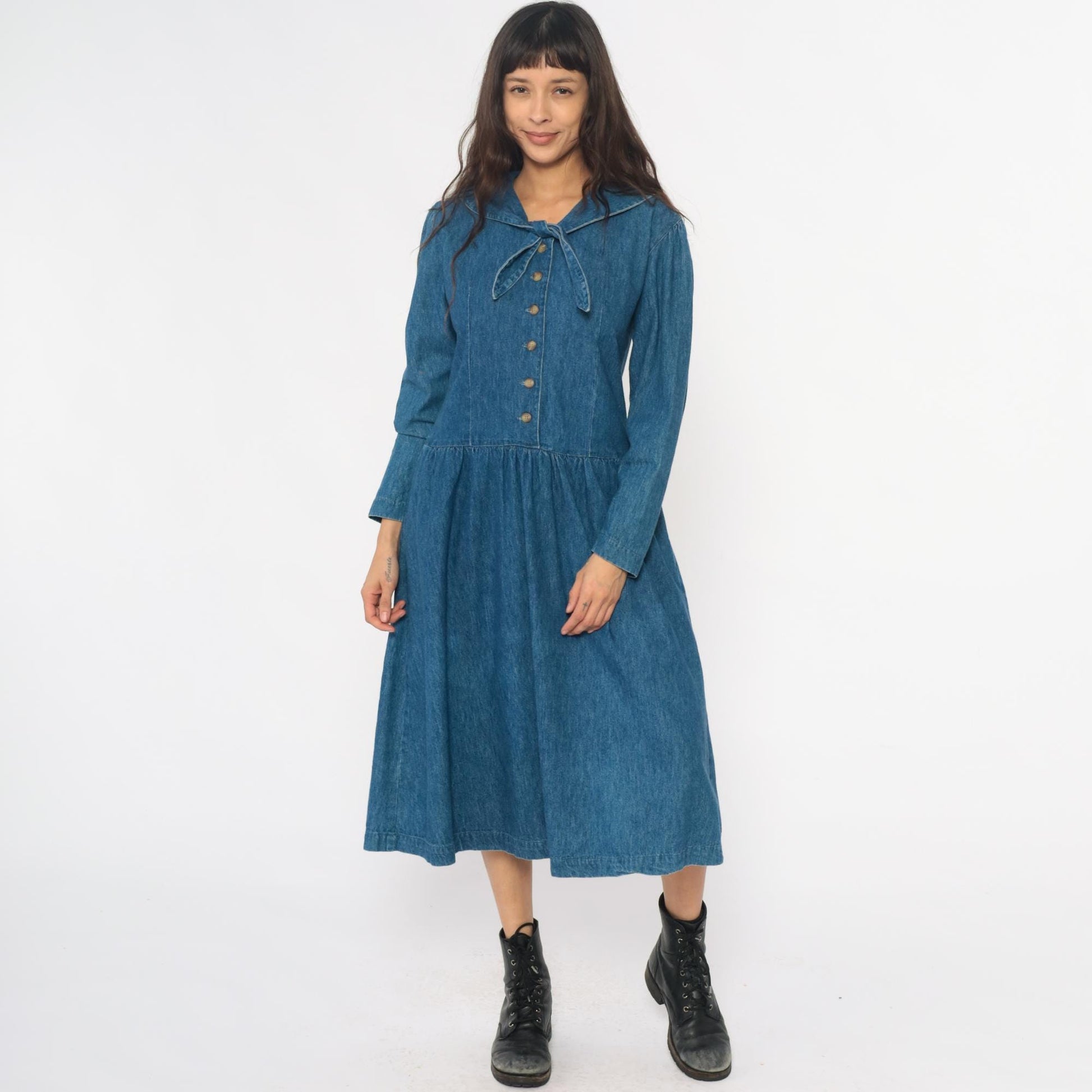 90s All Week Long Denim Shirtdress Blue Cotton Peter Pan Collar Medium