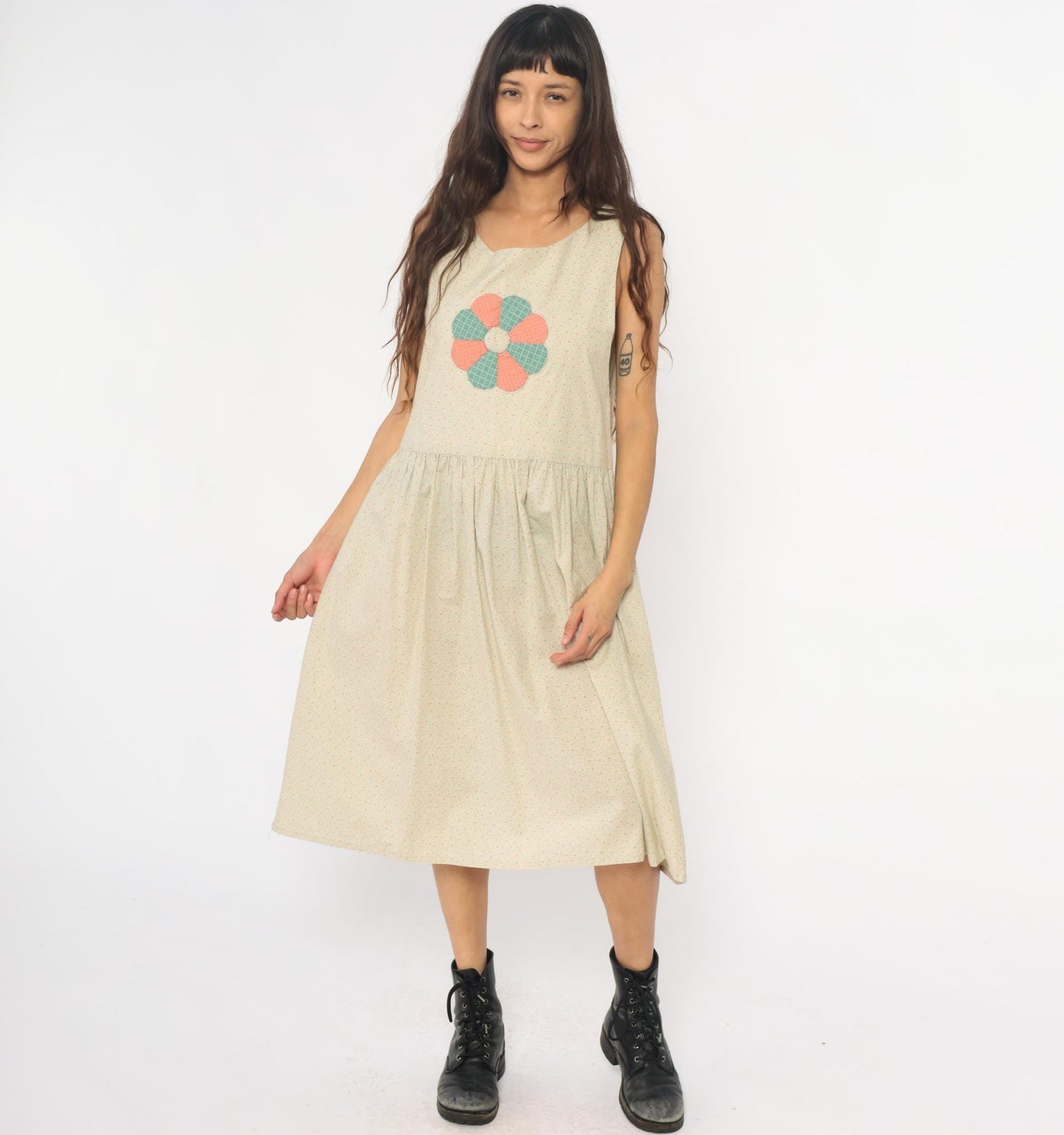 90s Cream Floral Appliqué Drop Waist Midi Dress Gathered Skirt Medium