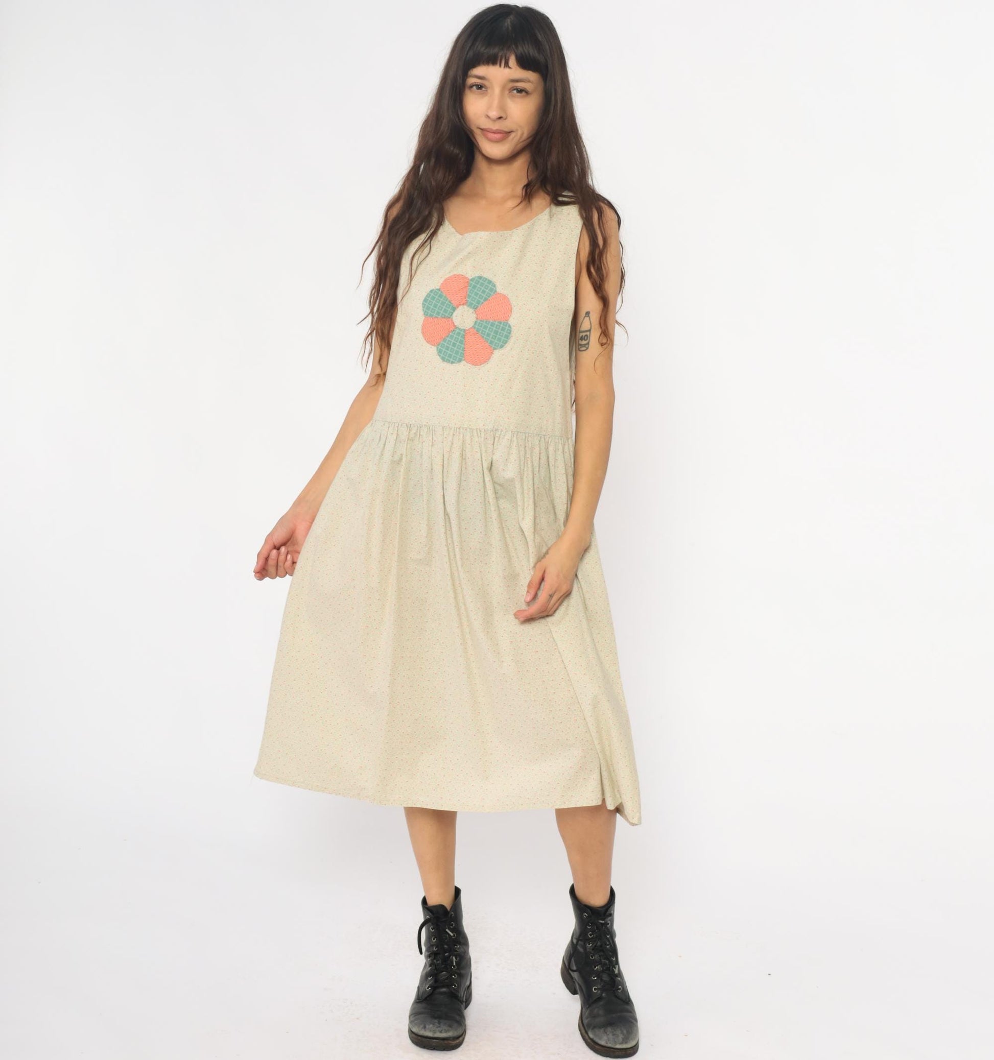 90s Cream Floral Appliqué Drop Waist Midi Dress Gathered Skirt Medium
