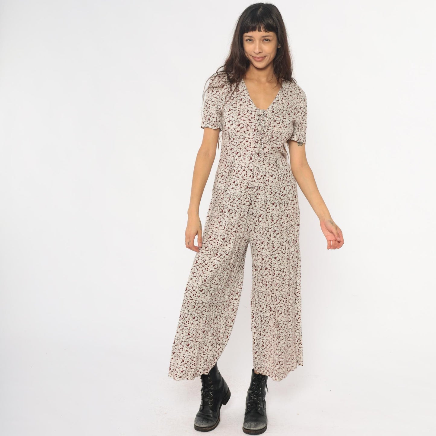 90s All That Jazz Floral Jumpsuit Cream Wide Leg Short Sleeve Small