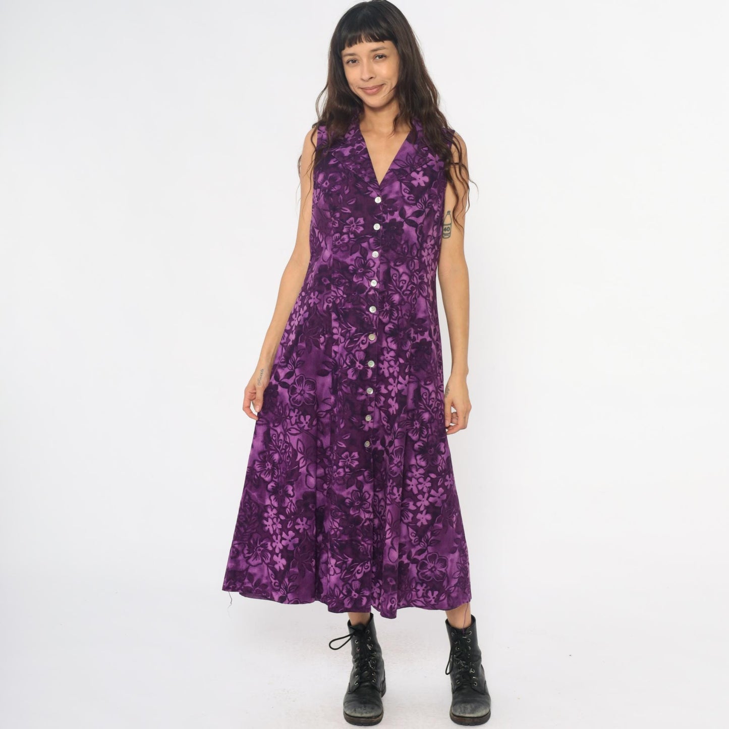 Y2K Coldwater Creek Purple Floral Linen Maxi Dress Button Front Large L