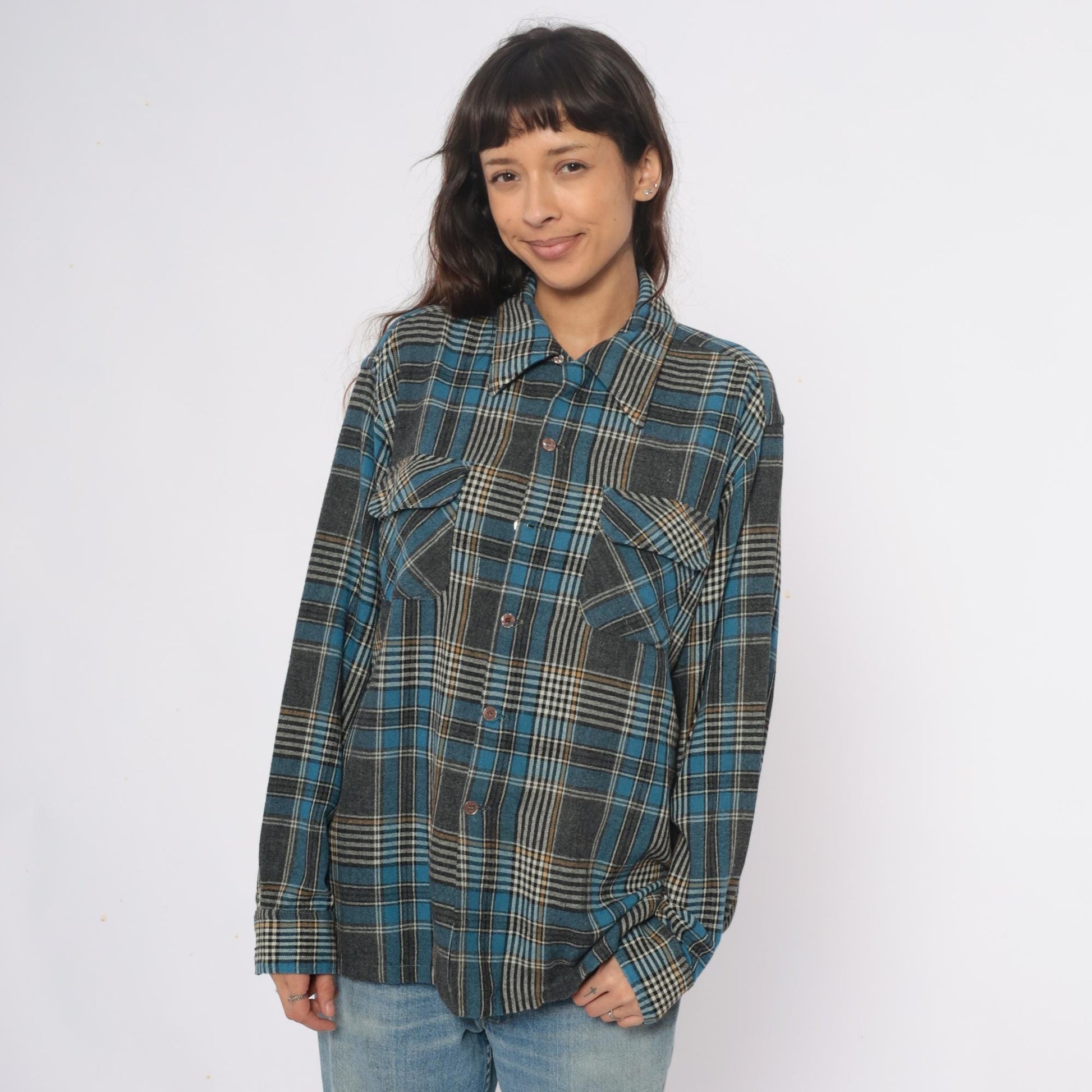 70s Towncraft Plaid Flannel Shirt Jacket Blue Grey Wool Large L
