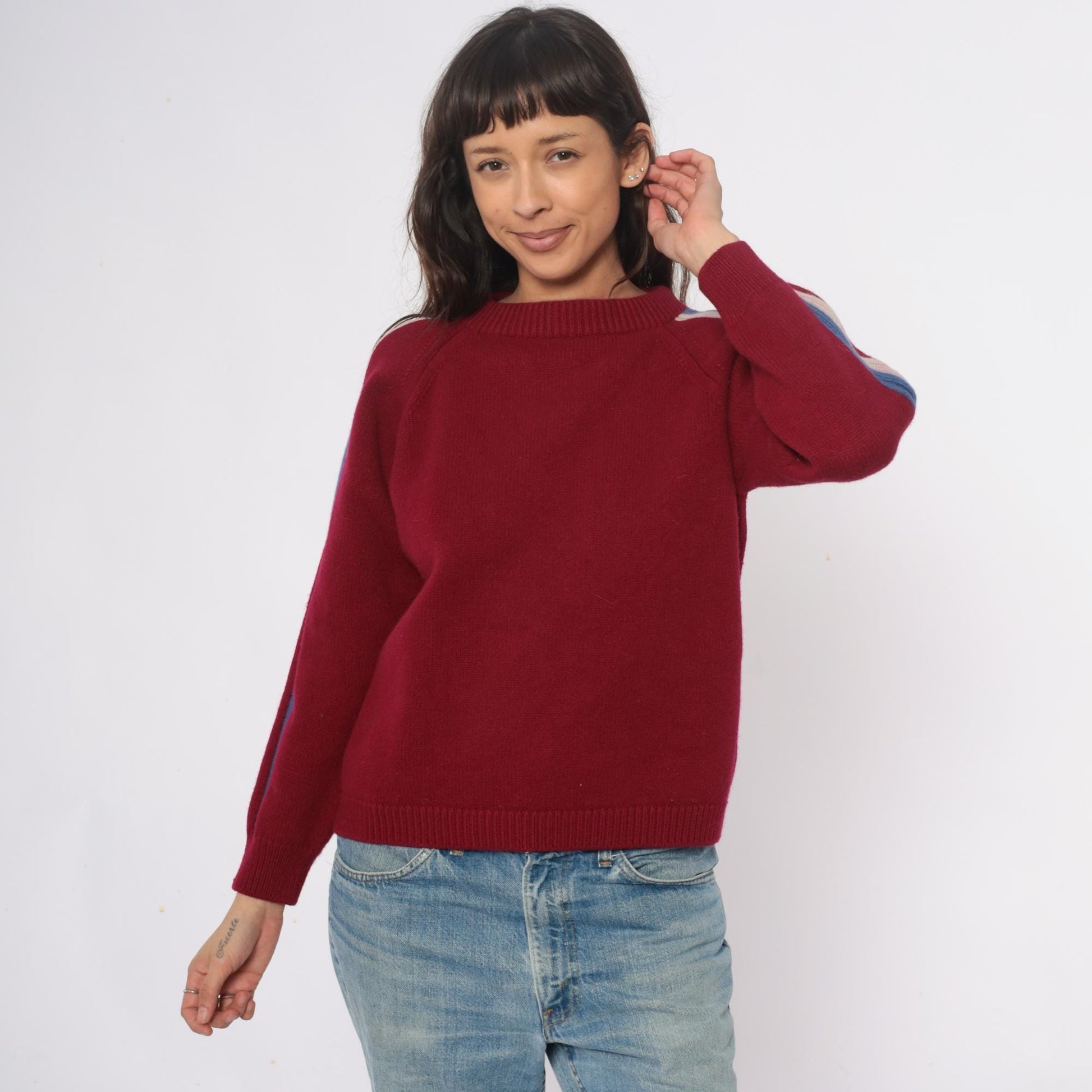 80s Cortina Burgundy Wool Sweater Stripe Raglan Crewneck Medium M