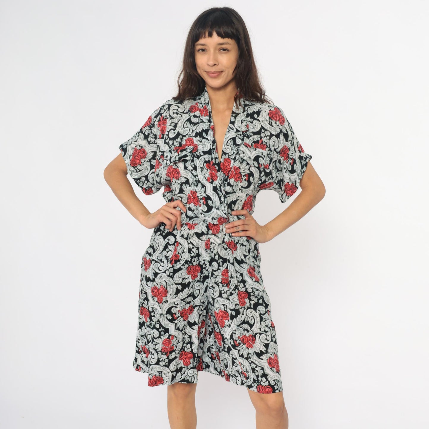 90s Floral Rayon Romper Black Red Rose Baroque Scrollwork Wide Leg Medium M