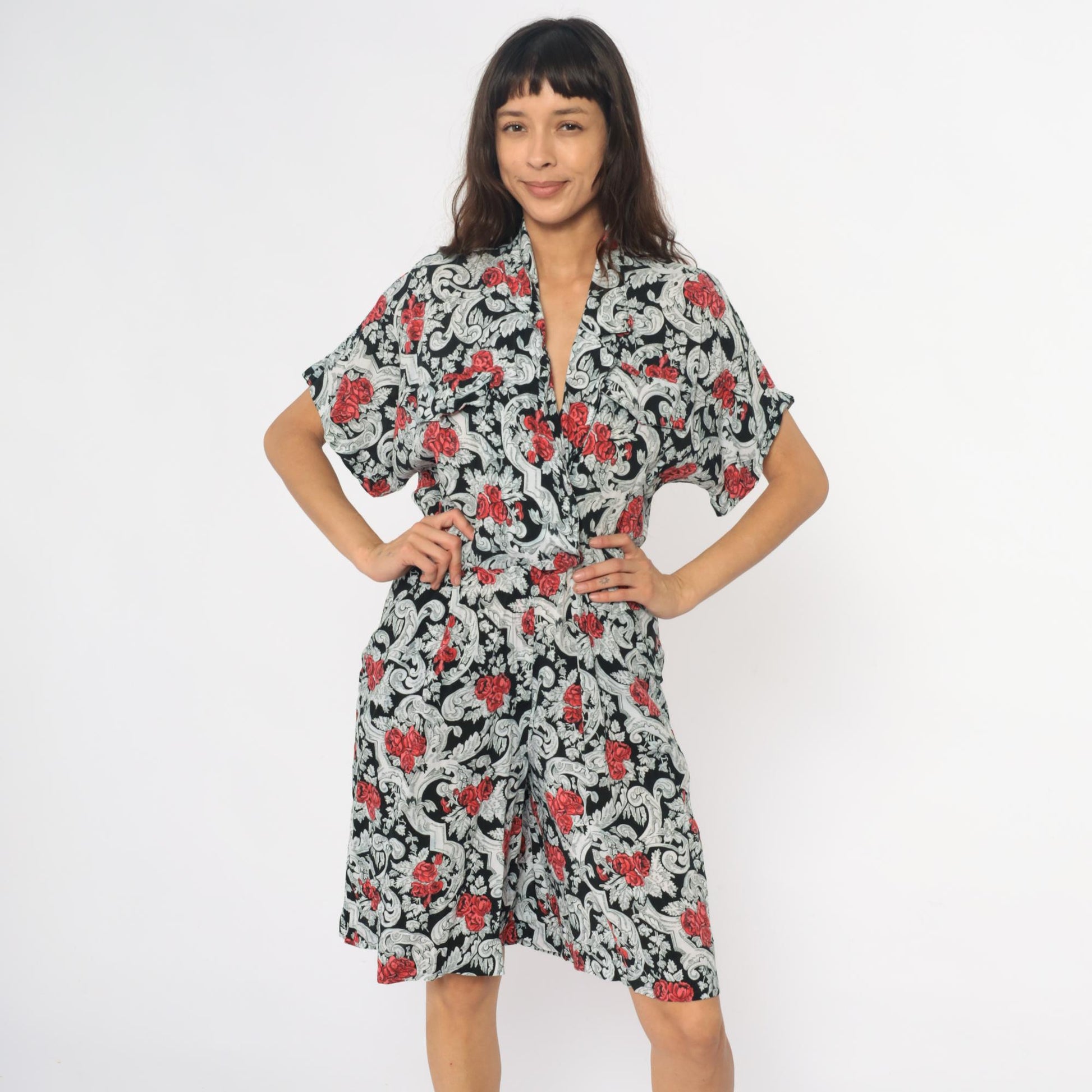 90s Floral Rayon Romper Black Red Rose Baroque Scrollwork Wide Leg Medium M