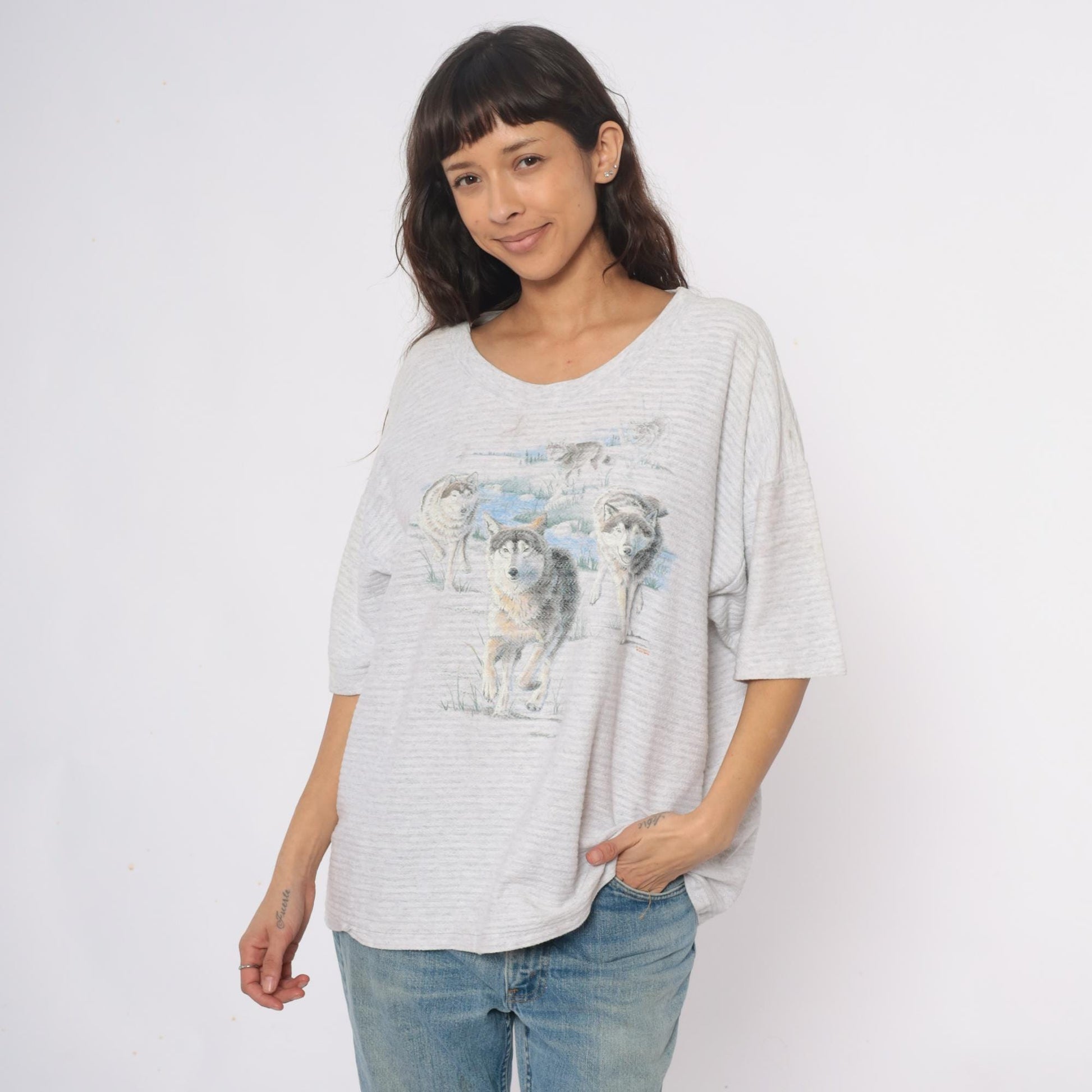 90s Wolf Graphic T-Shirt Grey Cotton V-Neck Animal Print Extra Large XL