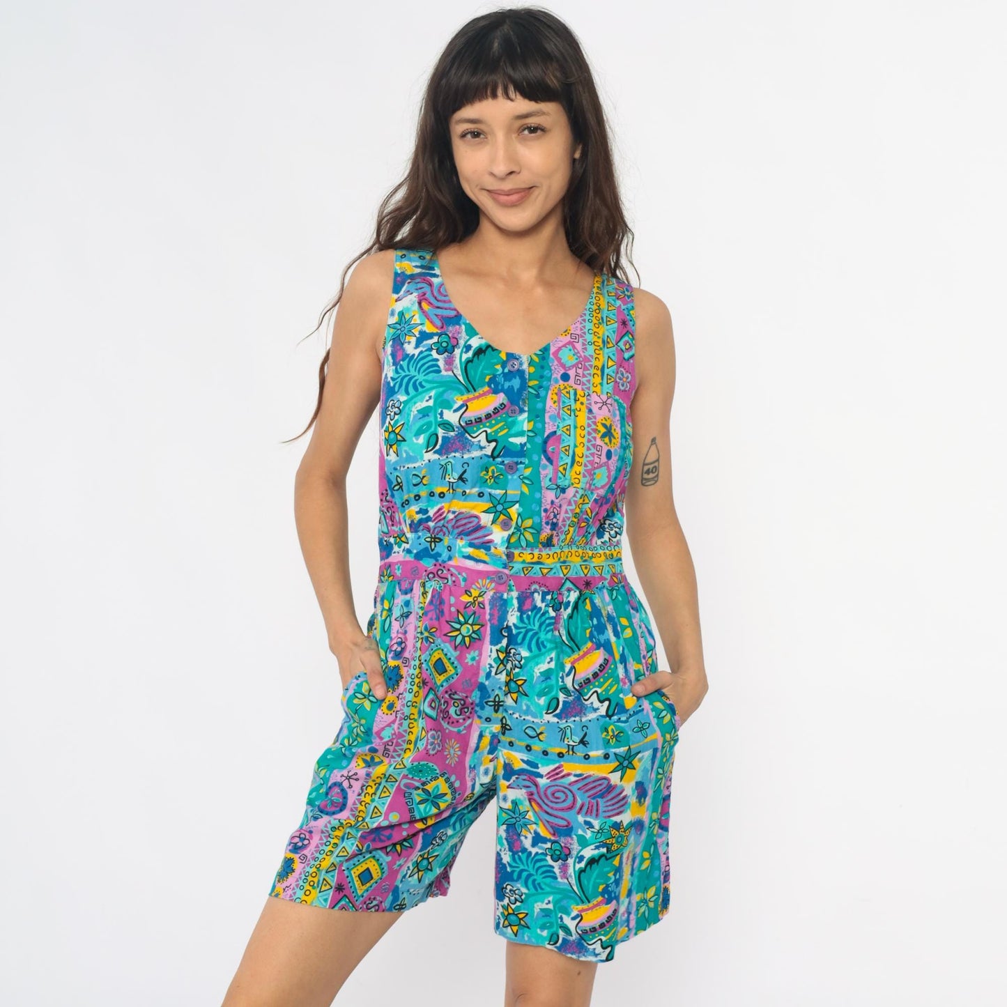 90s Access Romper Turquoise Pink Yellow Geometric Floral Peace Print Medium