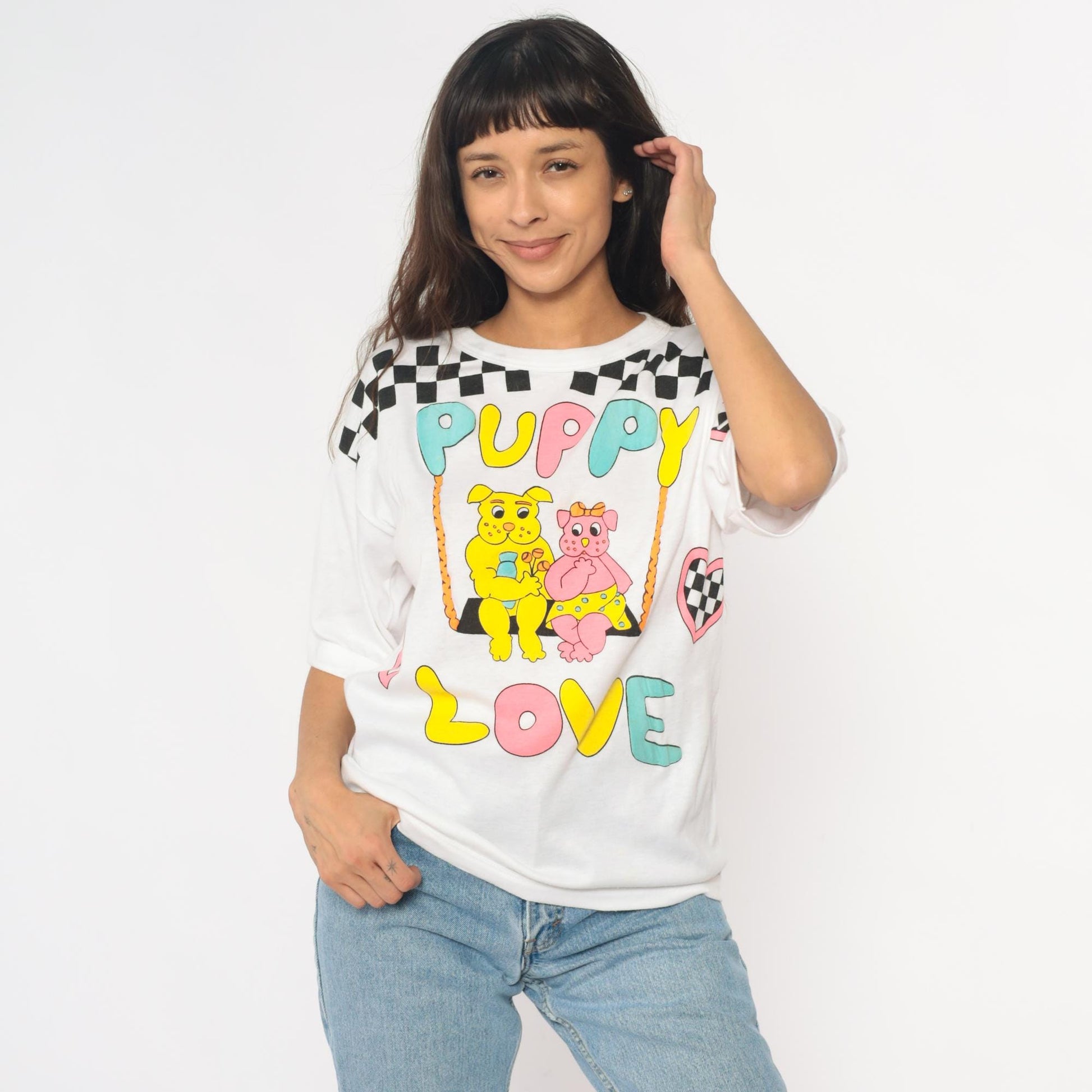 90s Puppy Love Graphic T-Shirt White Checkered Hearts Dogs Medium M