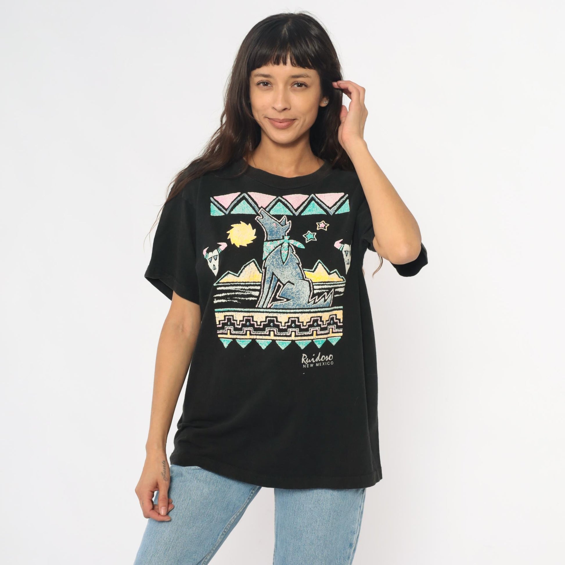 90s Ruidoso New Mexico Southwestern Coyote Graphic Tee Black Cotton Large L