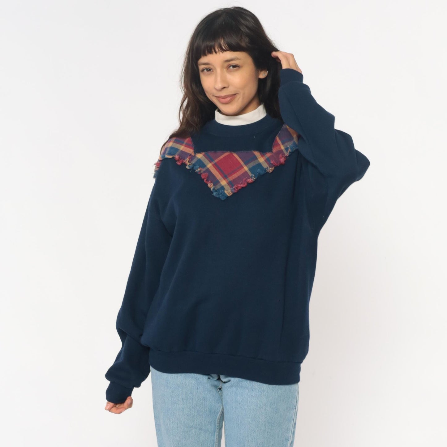 90s Jerzees Navy Plaid Yoke Sweatshirt Burgundy Teal Frayed Crewneck Extra Large XXL