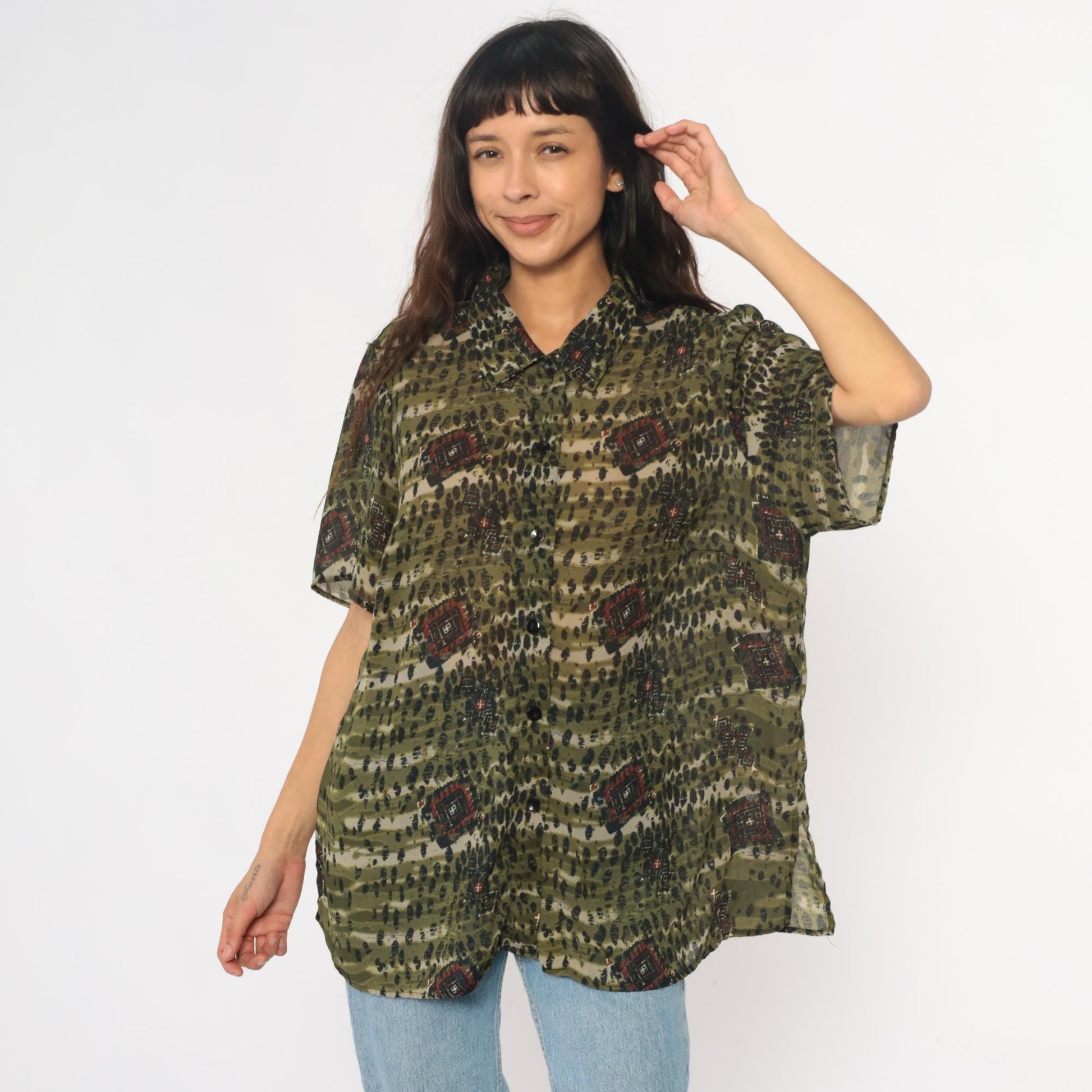 90s Olive Green Leopard Spot Button-Up Blouse Geometric Print Extra Large XL