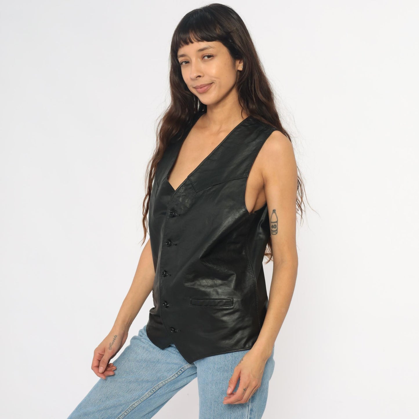 90s Black Leather Vest Notched Collar Button Front Menswear Extra Large XL