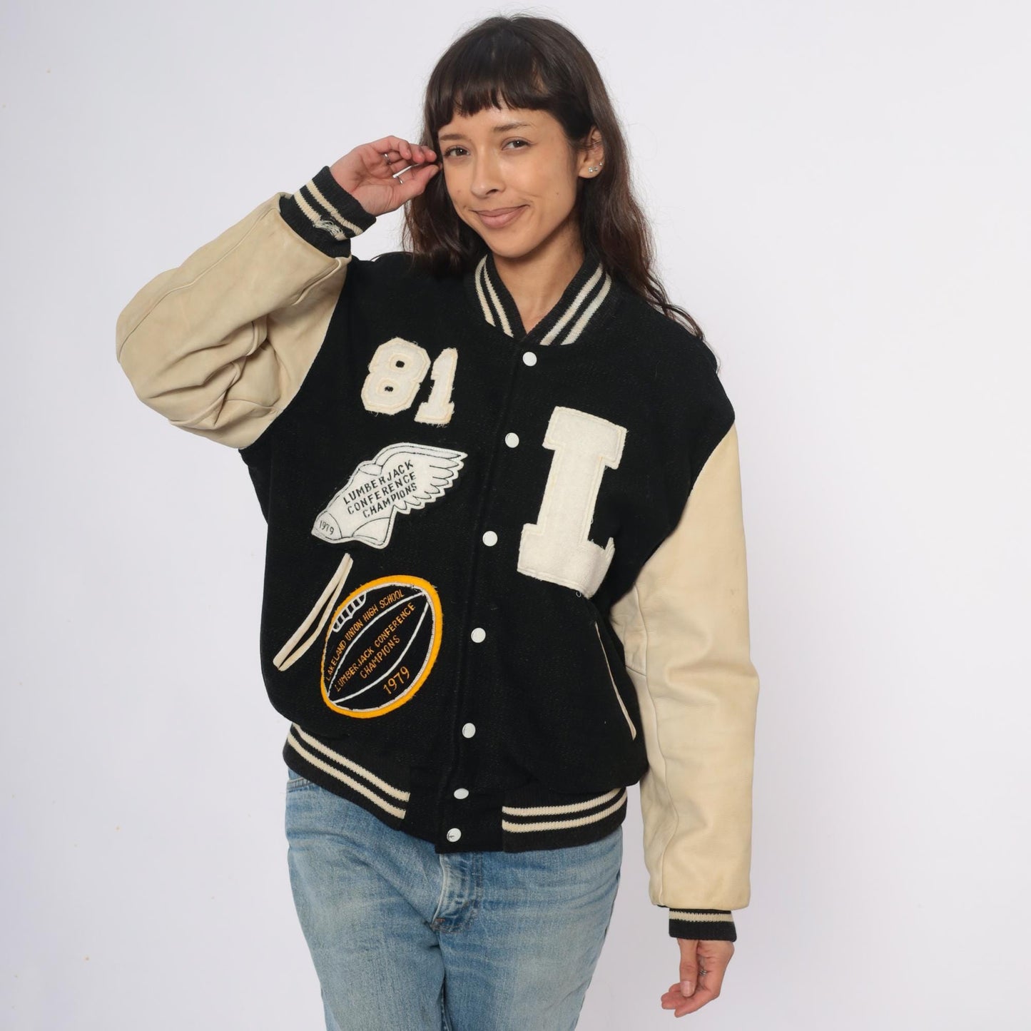 80s Golden Threads Varsity Jacket Wool Leather Black Cream Lumberjack Patches Large