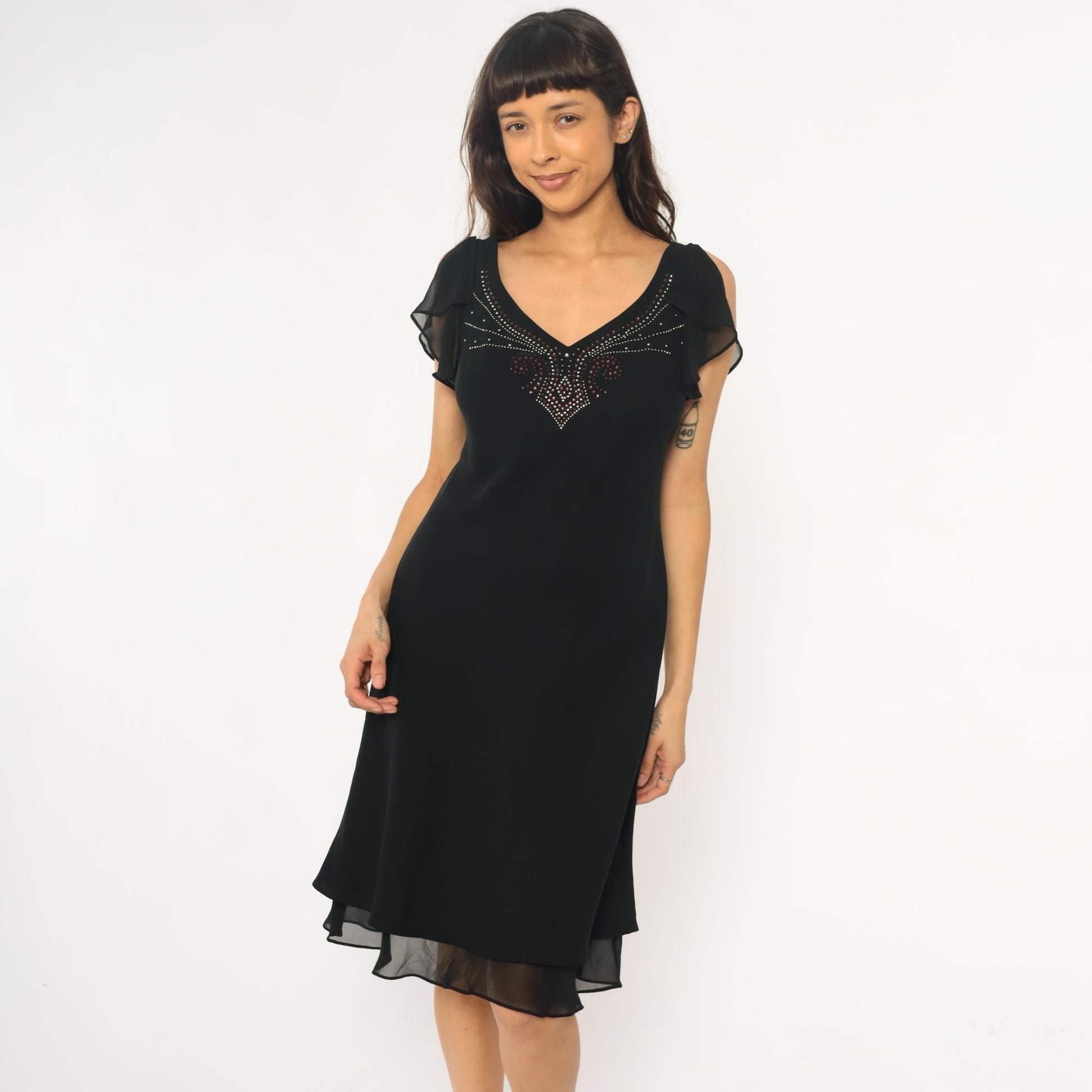 90s Sheri Martin Black Mini Dress Rhinestone V-Neck Cap Sleeve Medium