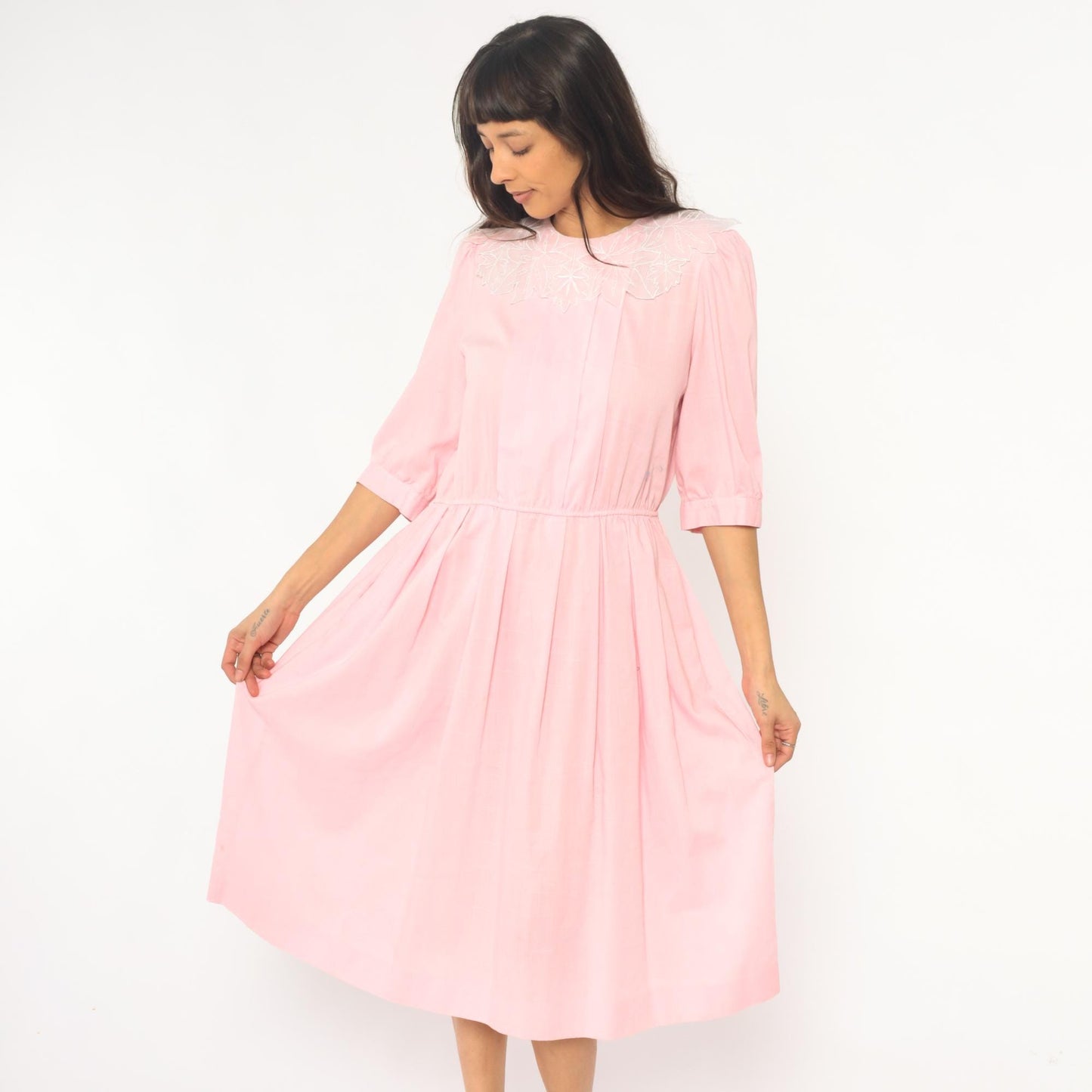 90s Blush Pink Midi Dress Embroidered Floral Collar Puff Sleeve Medium