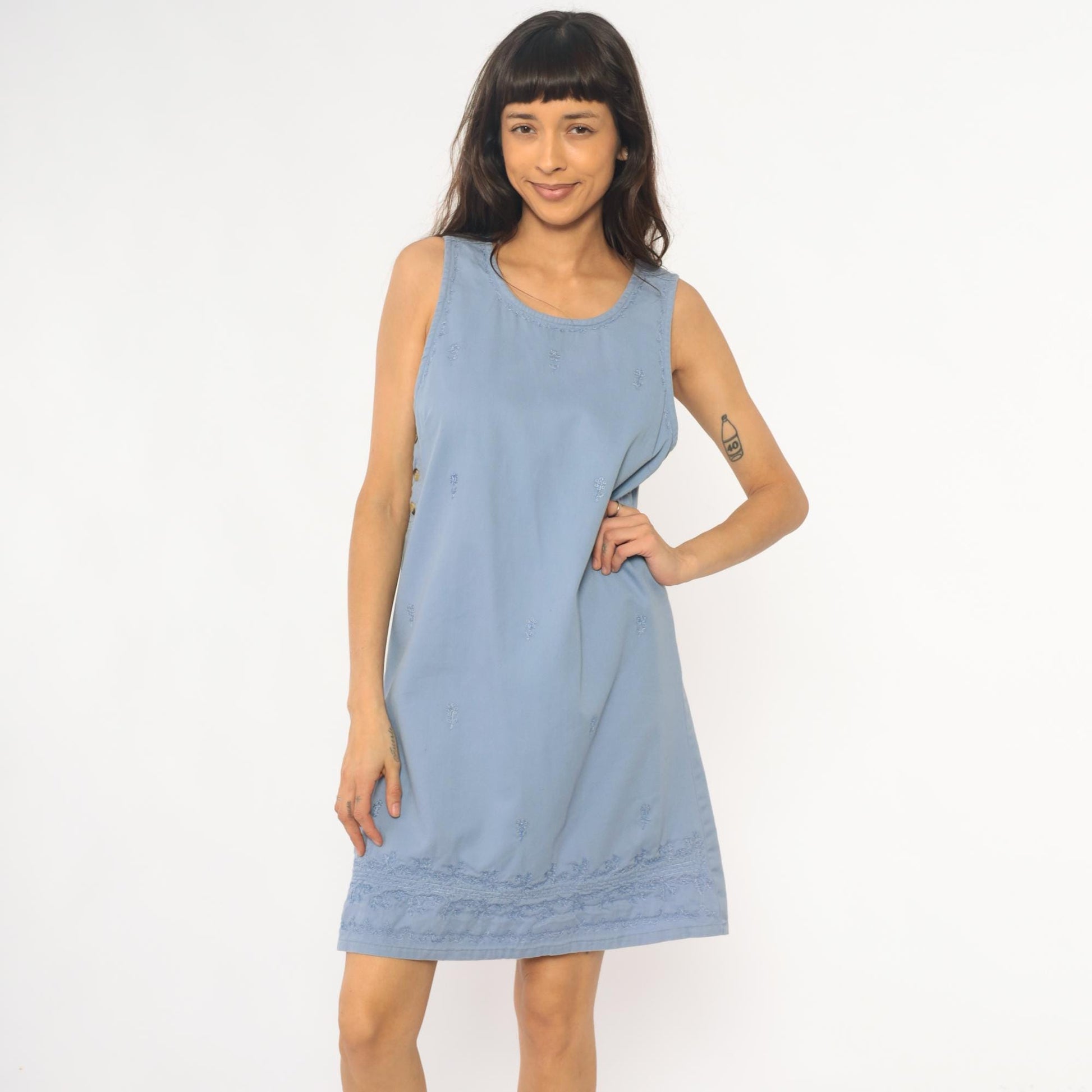 90s Basic Editions Powder Blue Cotton Shift Dress Floral Embroidered Small S