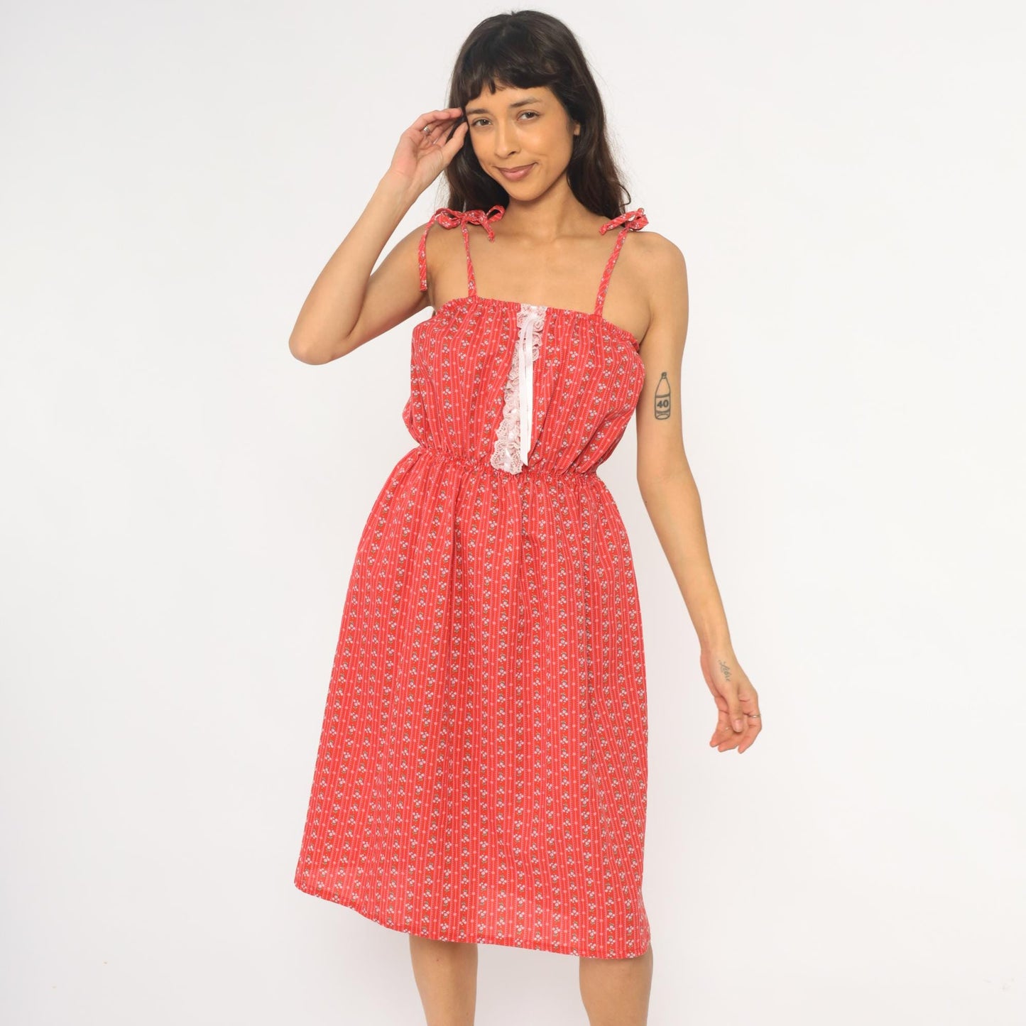 70s Red Calico Floral Sundress White Lace Trim Tie Straps Small