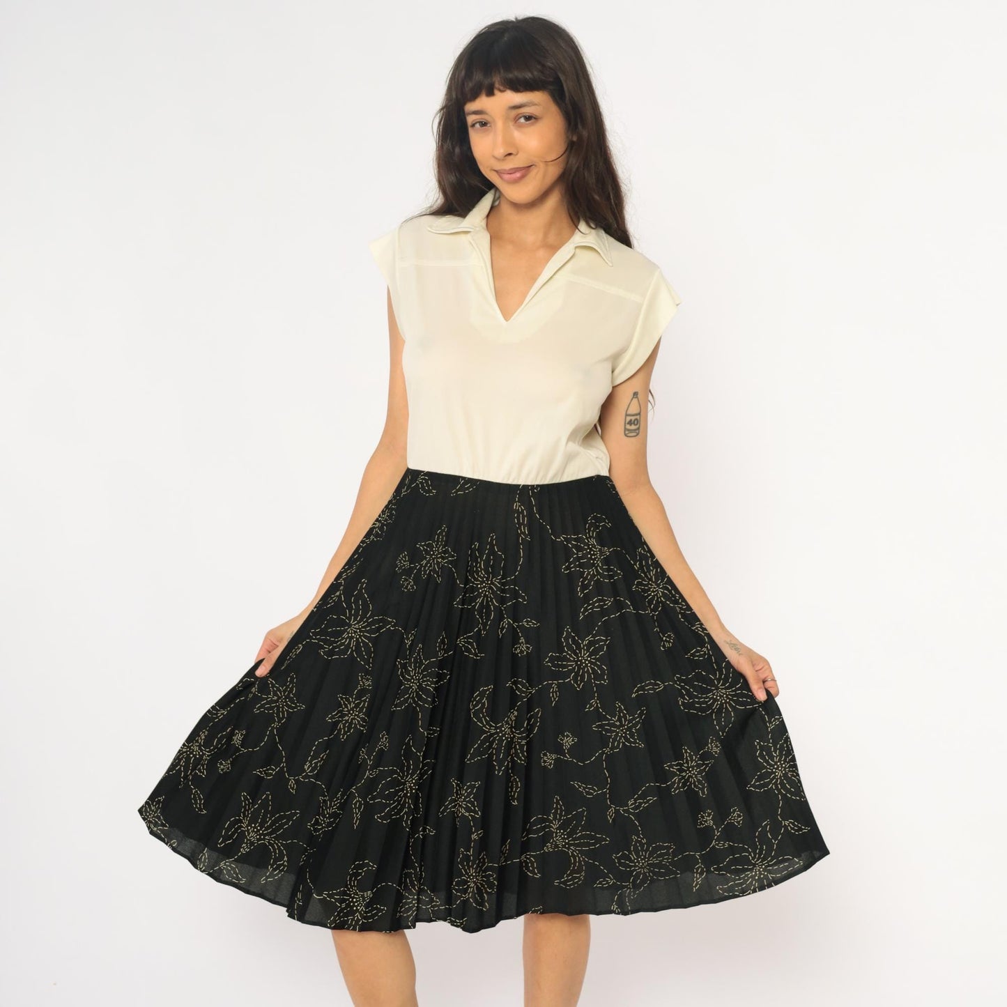 80s Polo Collar Dress Cream Black Floral Colorblock Medium