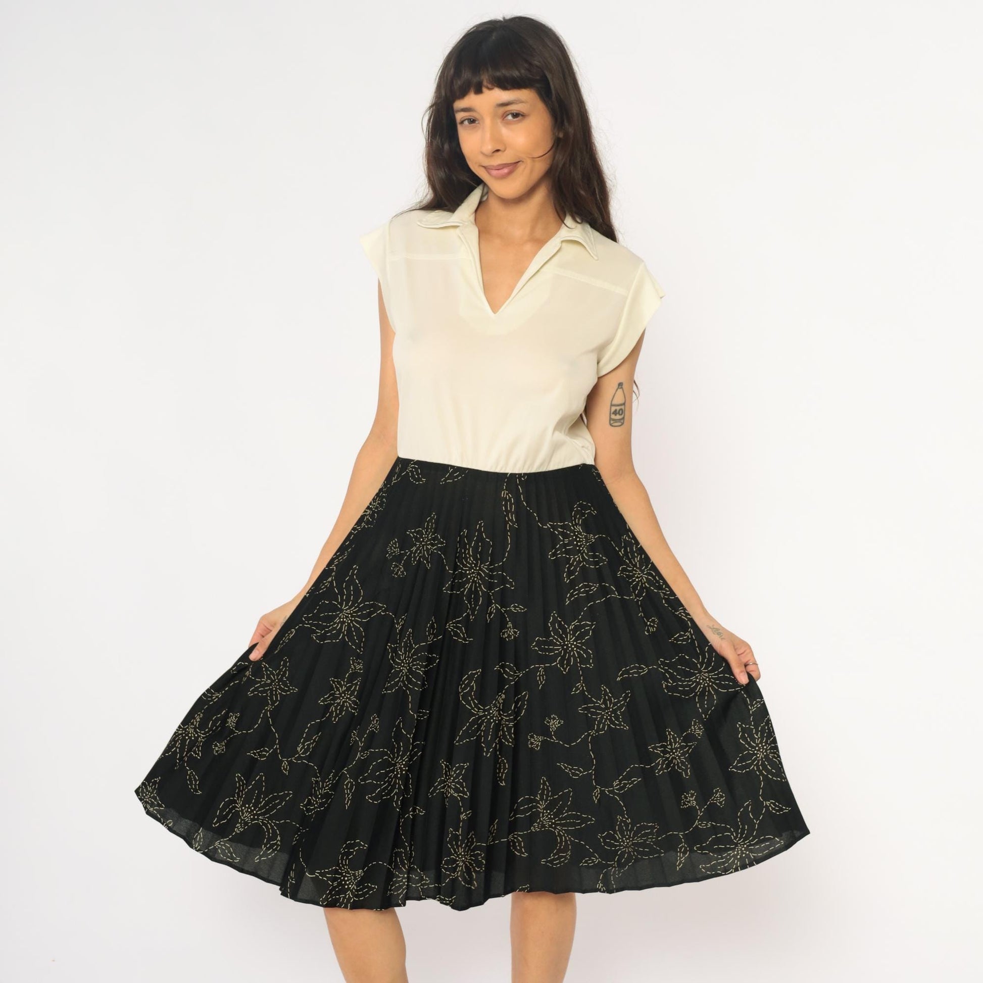 80s Polo Collar Dress Cream Black Floral Colorblock Medium