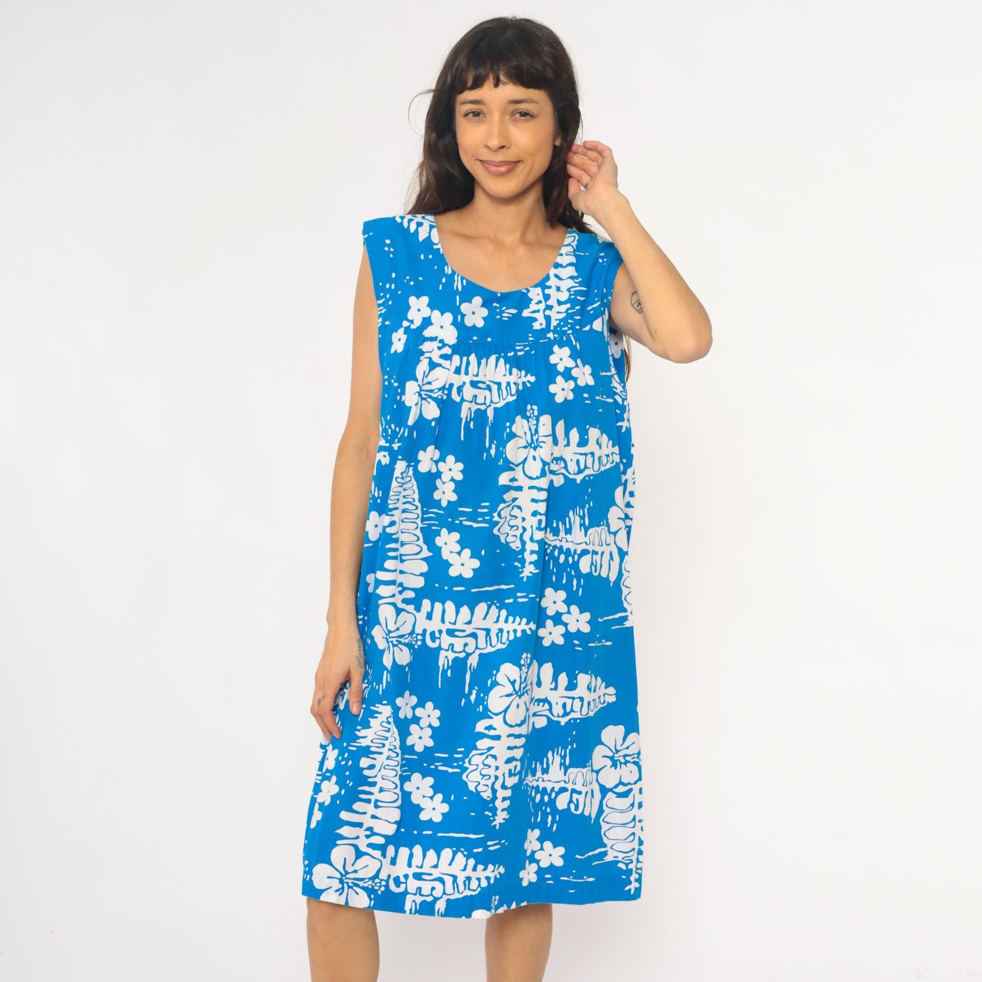 90s Hawaiian Tropical Floral Empire Waist Dress Blue Cotton Knee Length Medium
