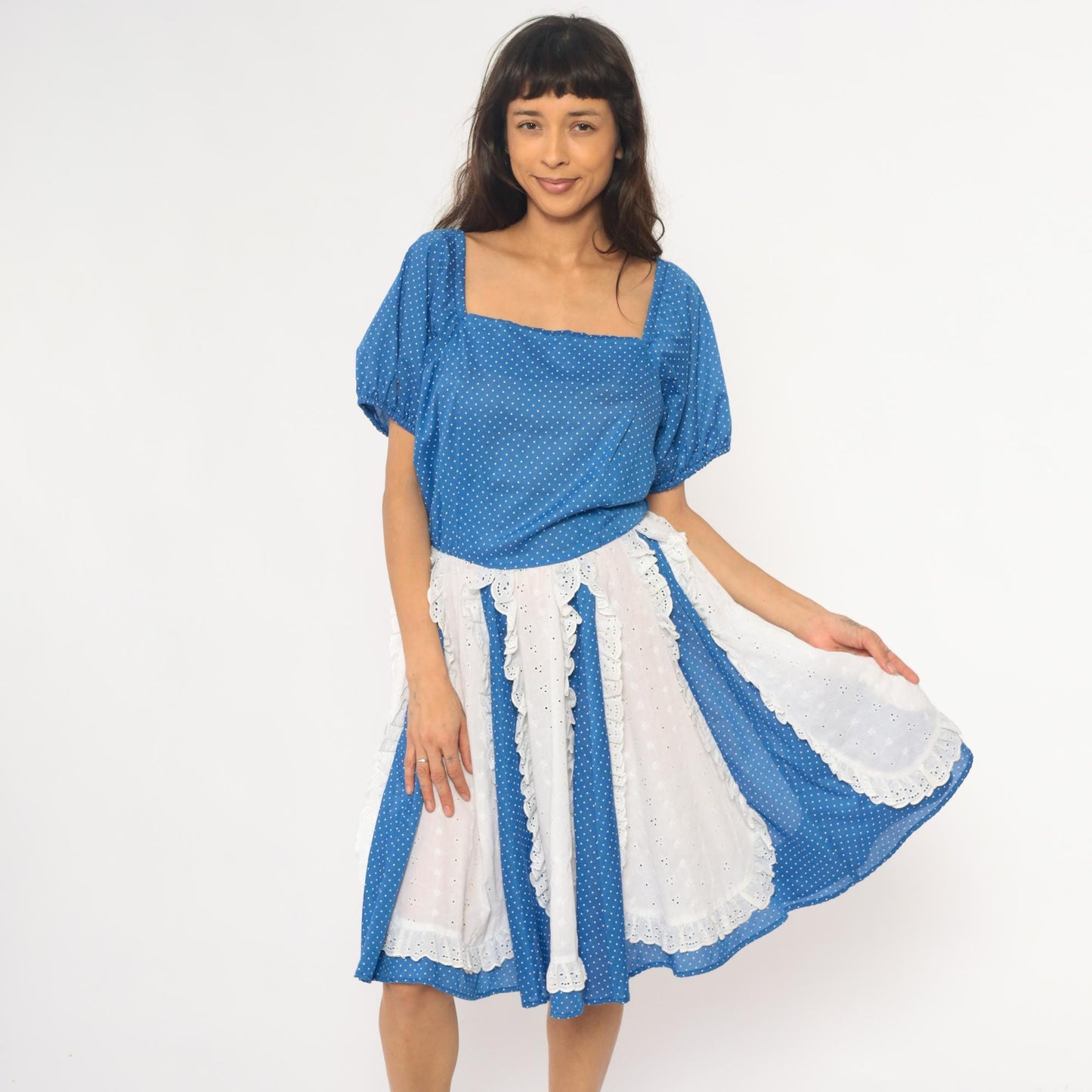 80s Blue Polka Dot Square Dance Dress Puff Sleeve Eyelet Lace Mini Large