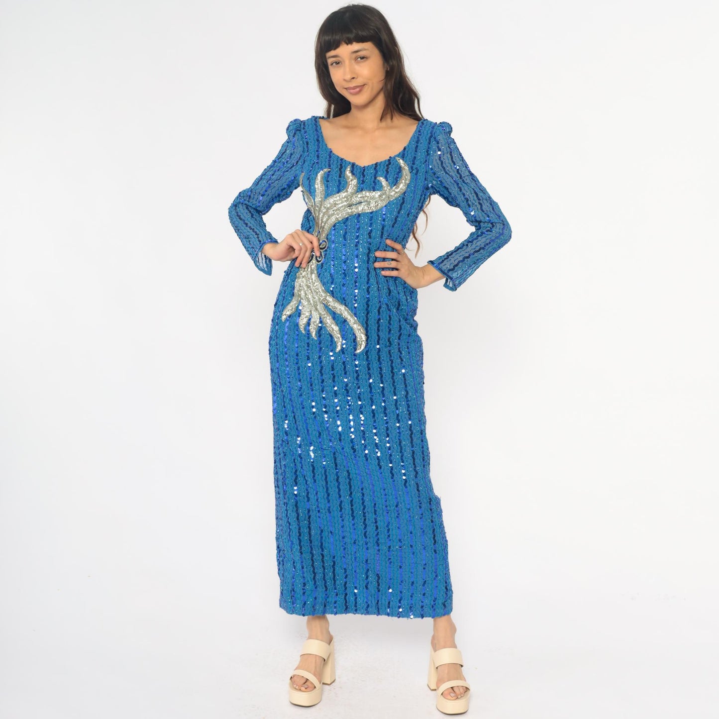80s Blue Sequin Maxi Dress Long Sleeve V-Neck Silver Motif Small Medium