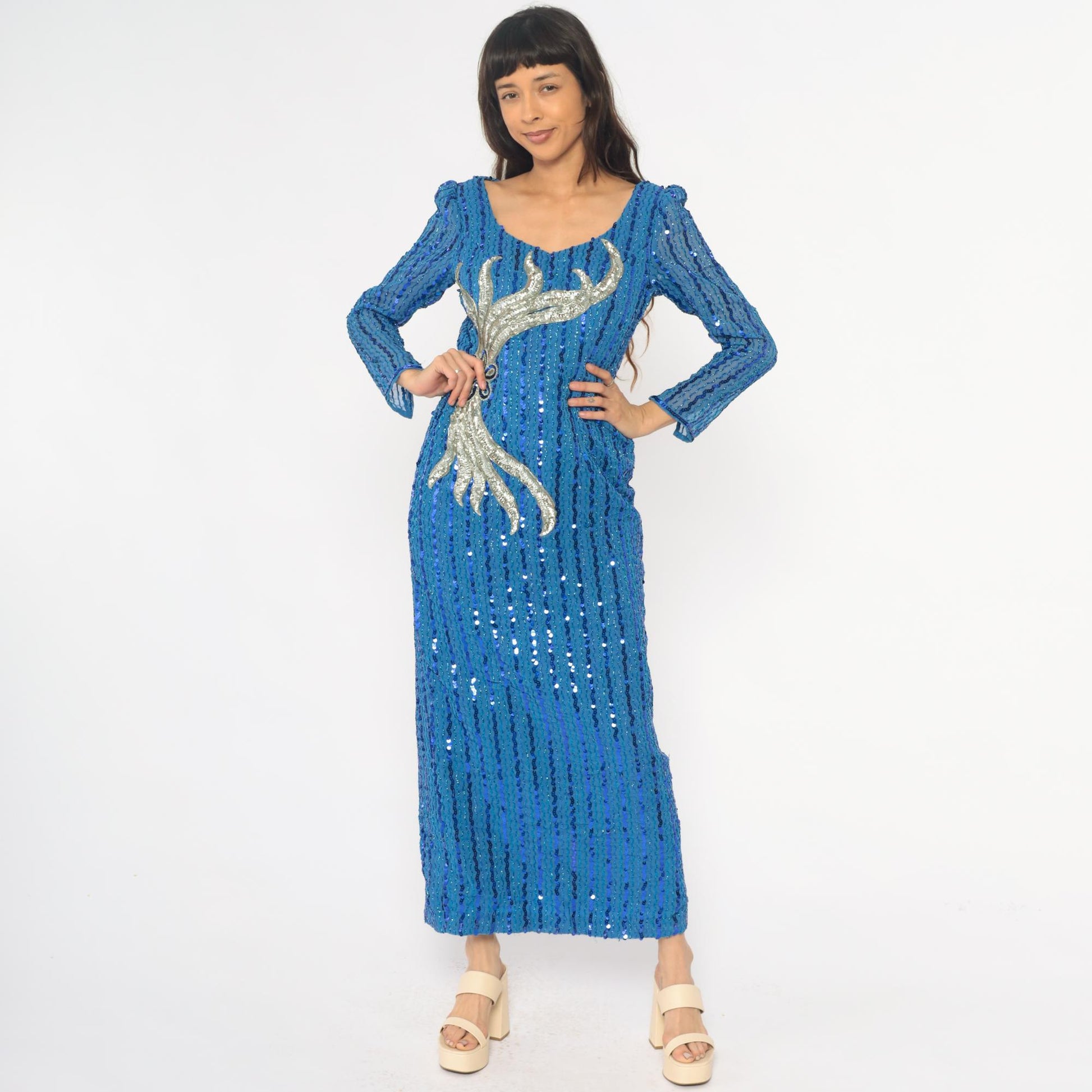 80s Blue Sequin Maxi Dress Long Sleeve V-Neck Silver Motif Small Medium