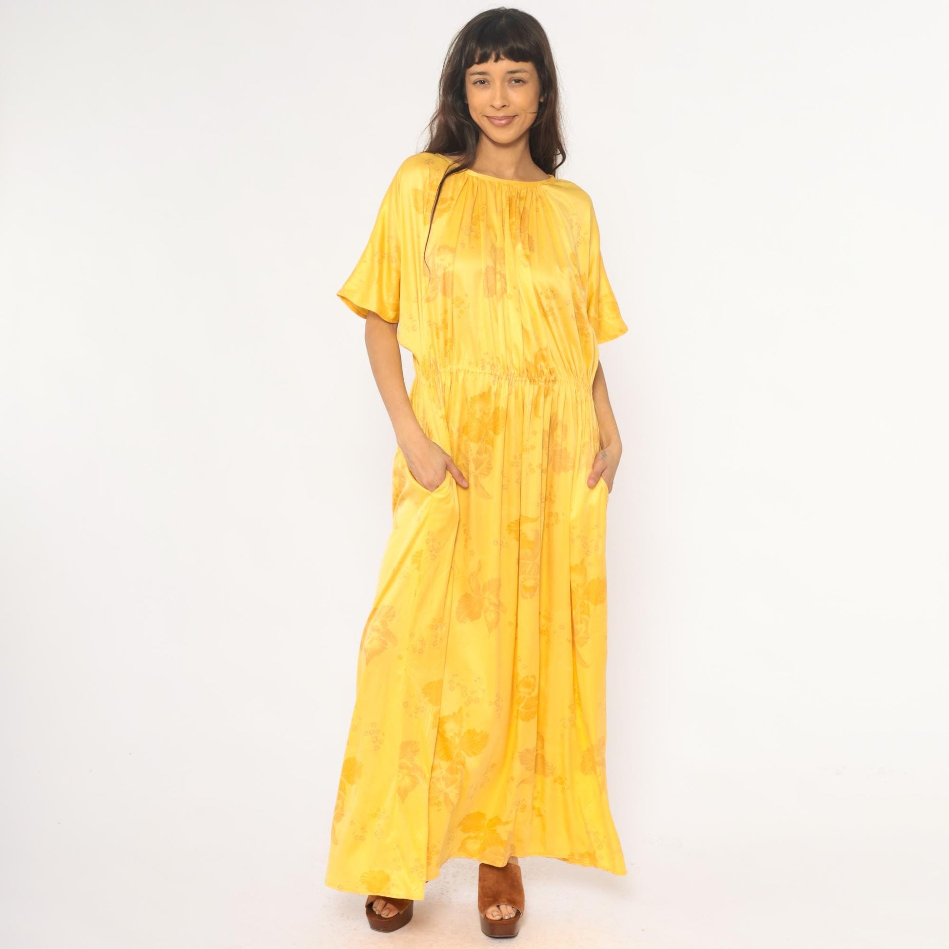 70s Yellow Floral Maxi Dress Flutter Sleeve Gathered Waist Medium Large