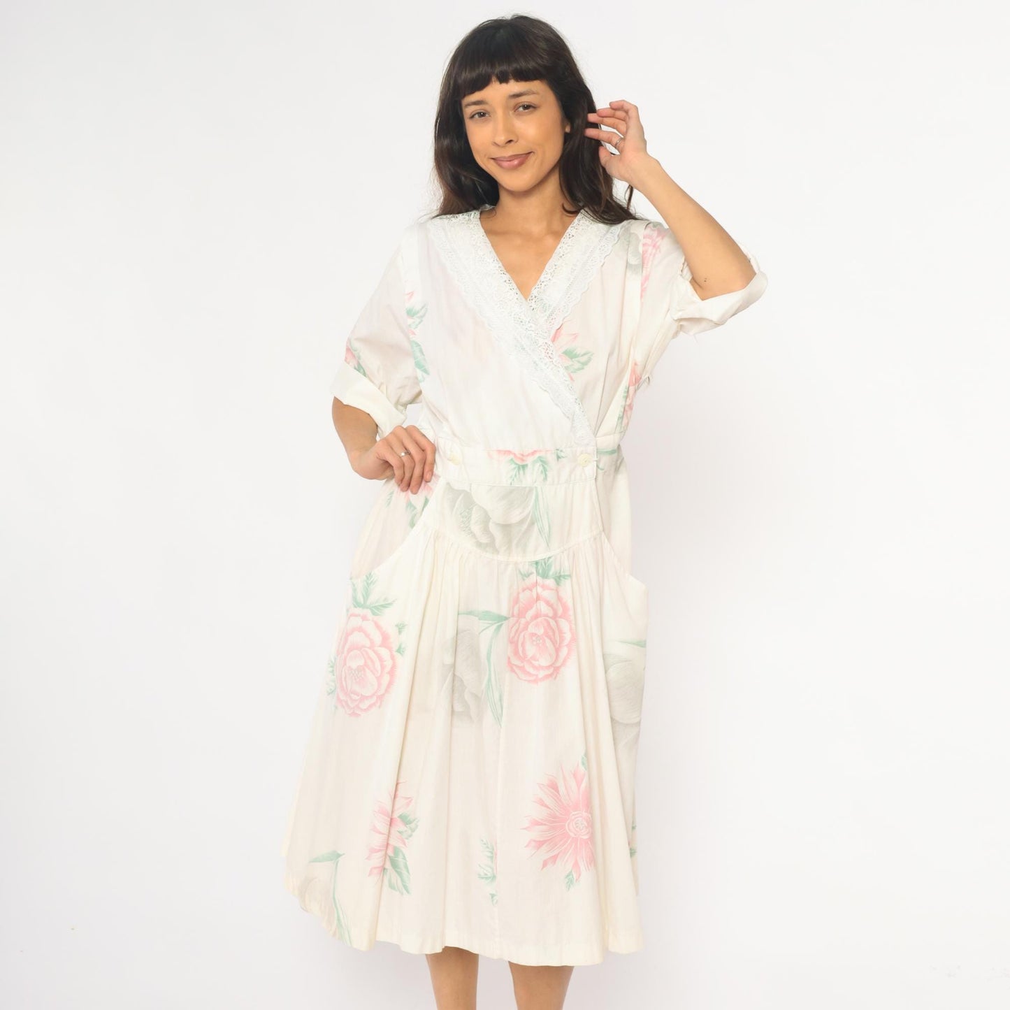 80s Floral Midi Dress Cream Pink Rose Print Cotton Eyelet Lace Medium