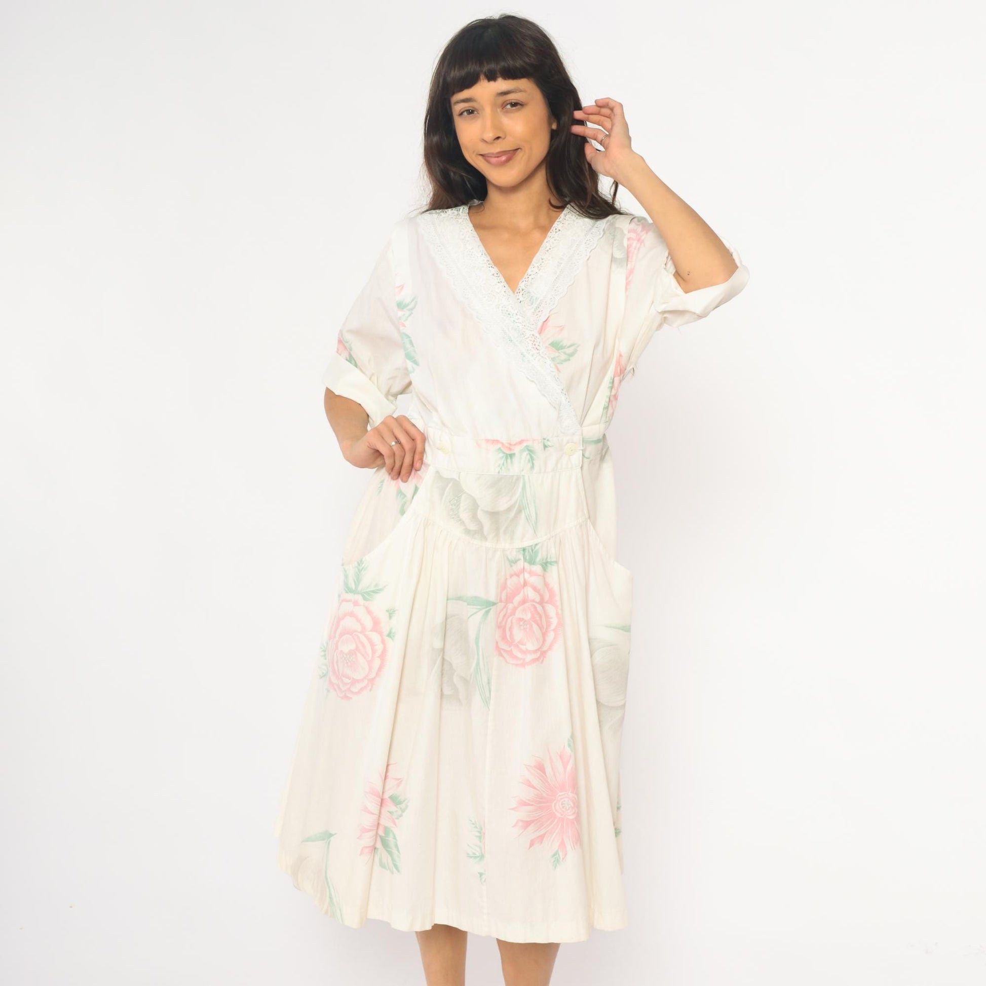 80s Floral Midi Dress Cream Pink Rose Print Cotton Eyelet Lace Medium