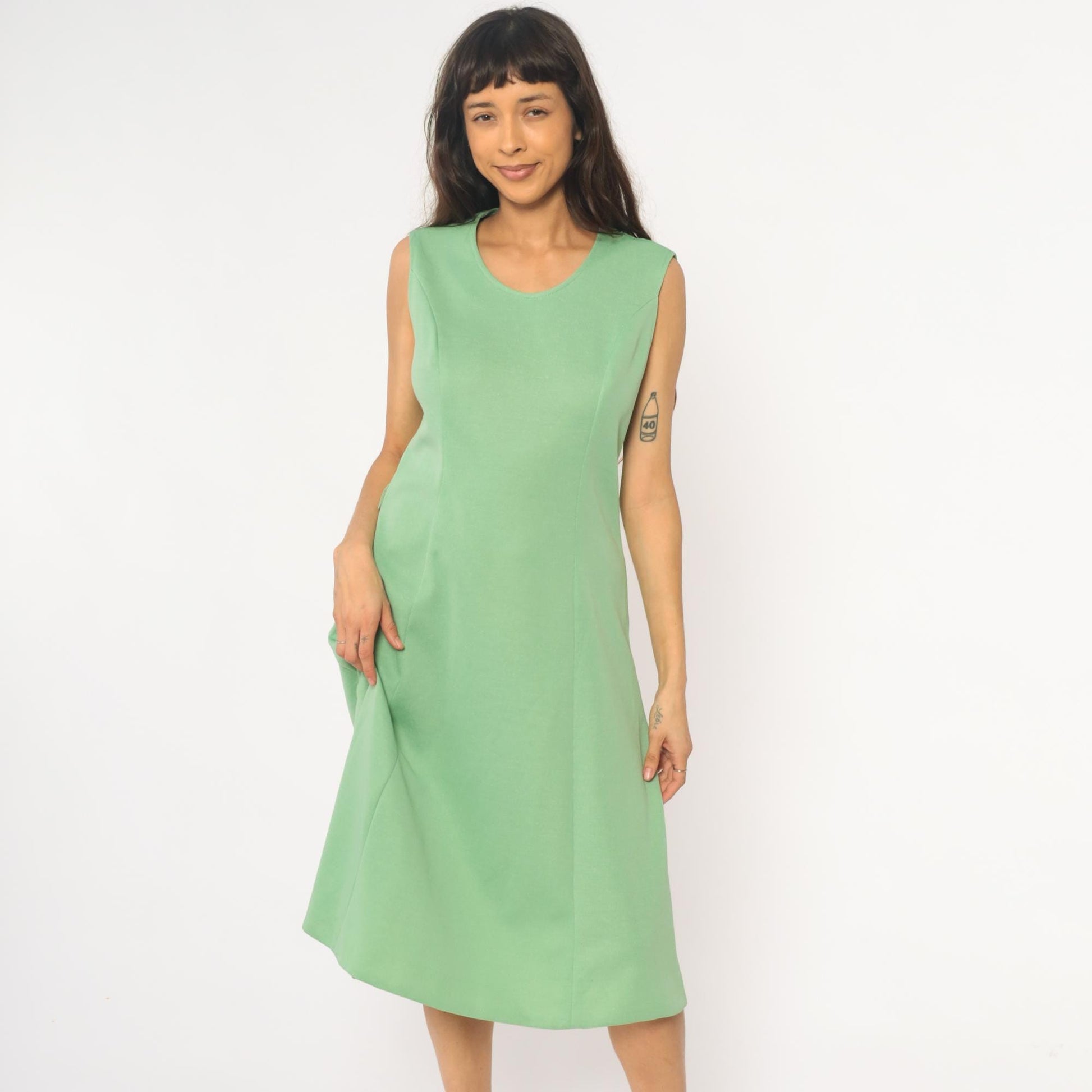 70s Mint Green Sleeveless A-Line Dress Scoop Neck Knee Length Large L