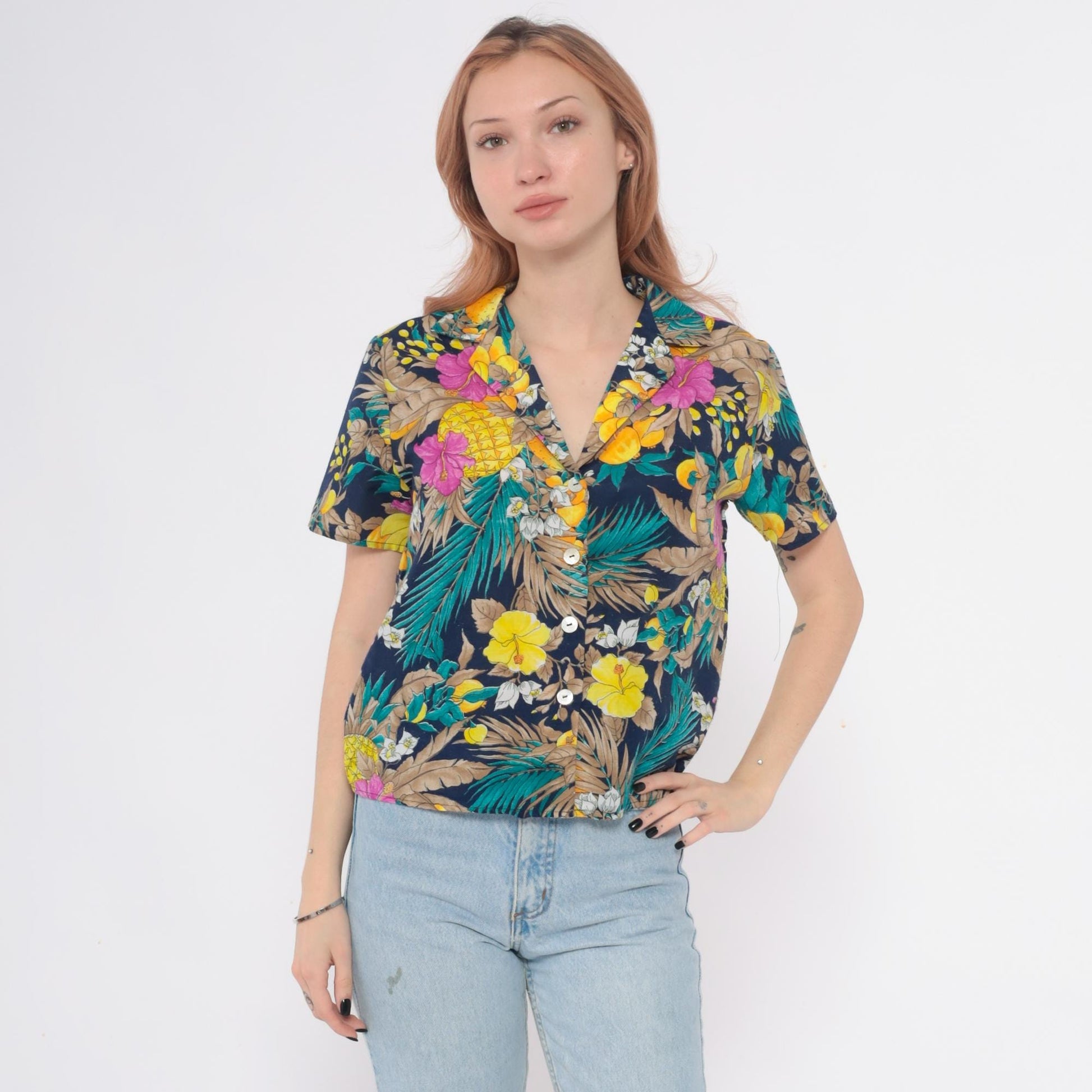 90s So What Hawaiian Shirt Navy Tropical Floral Pineapple Small