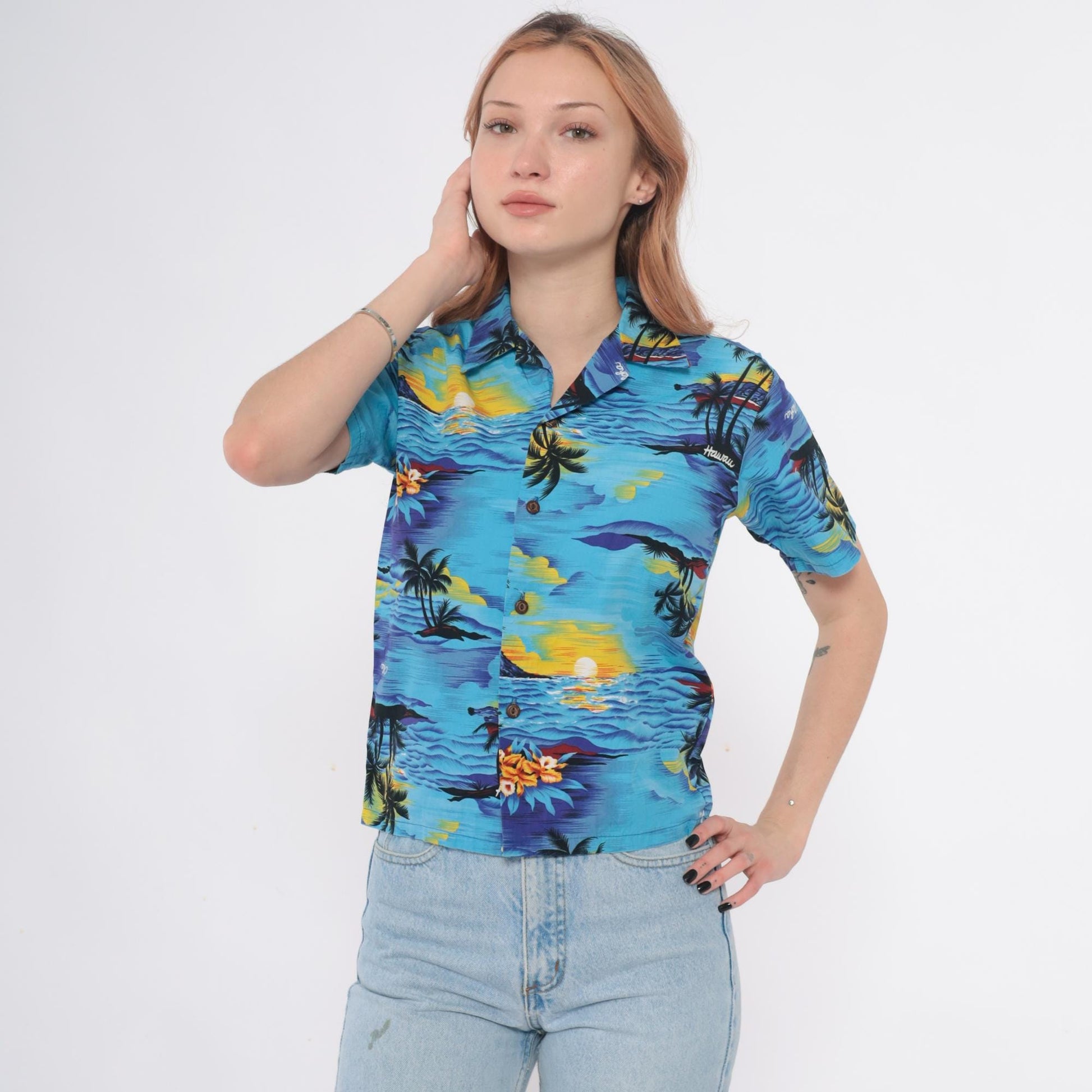 90s Royal Hawaiian Creations Tropical Shirt Turquoise Palm Tree Cotton Small S