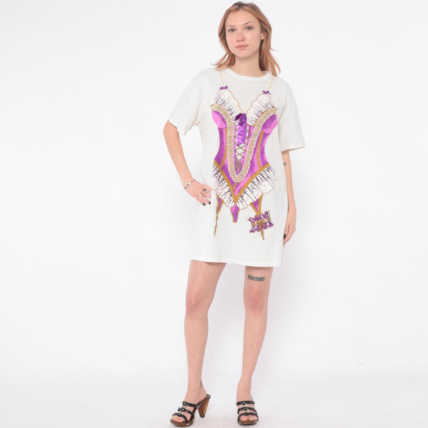 90s Heart To Heart Corset Print Nightshirt White Purple Graphic Sleep Tee One Size