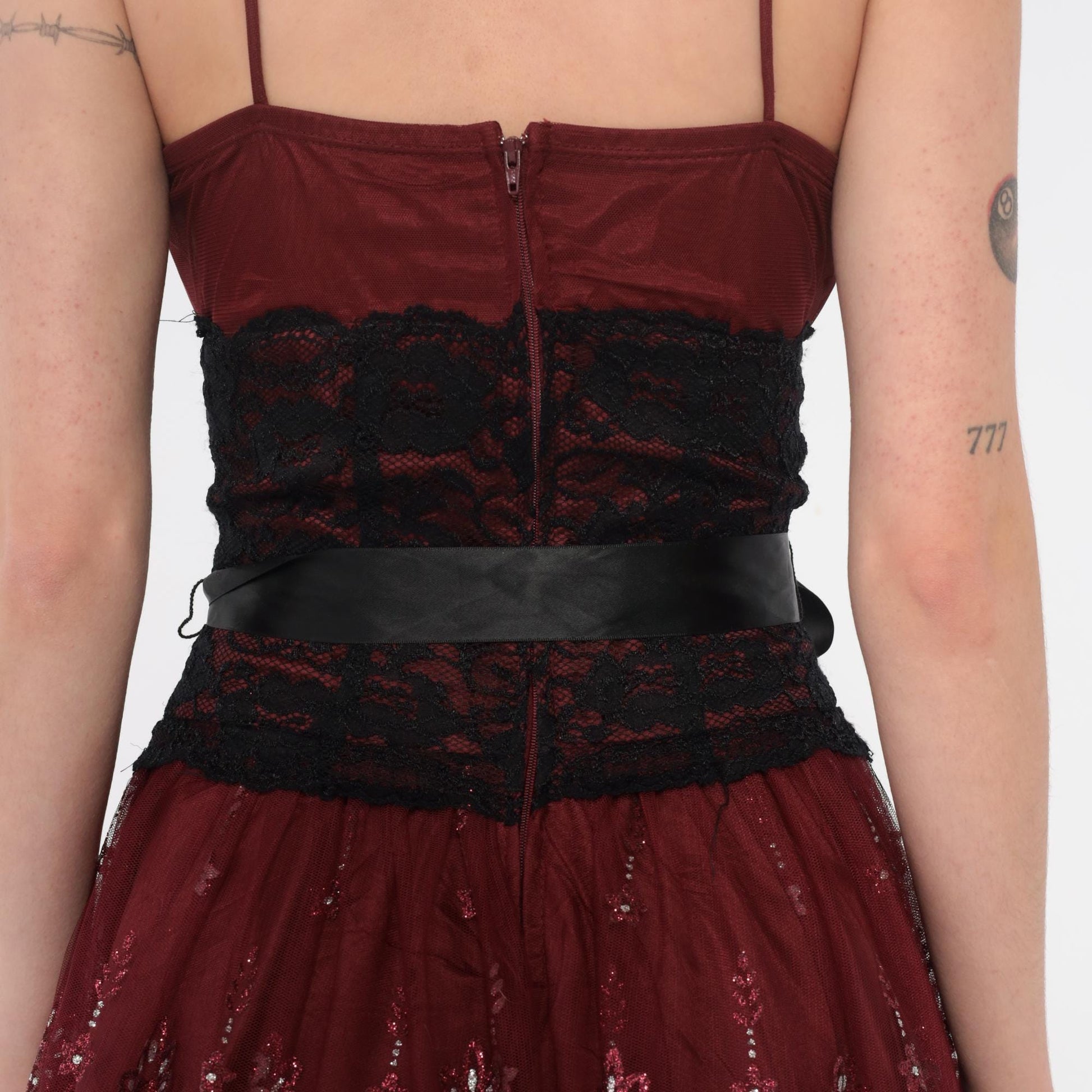 Y2K Burgundy Mini Dress Sequin Lace Spaghetti Strap Small