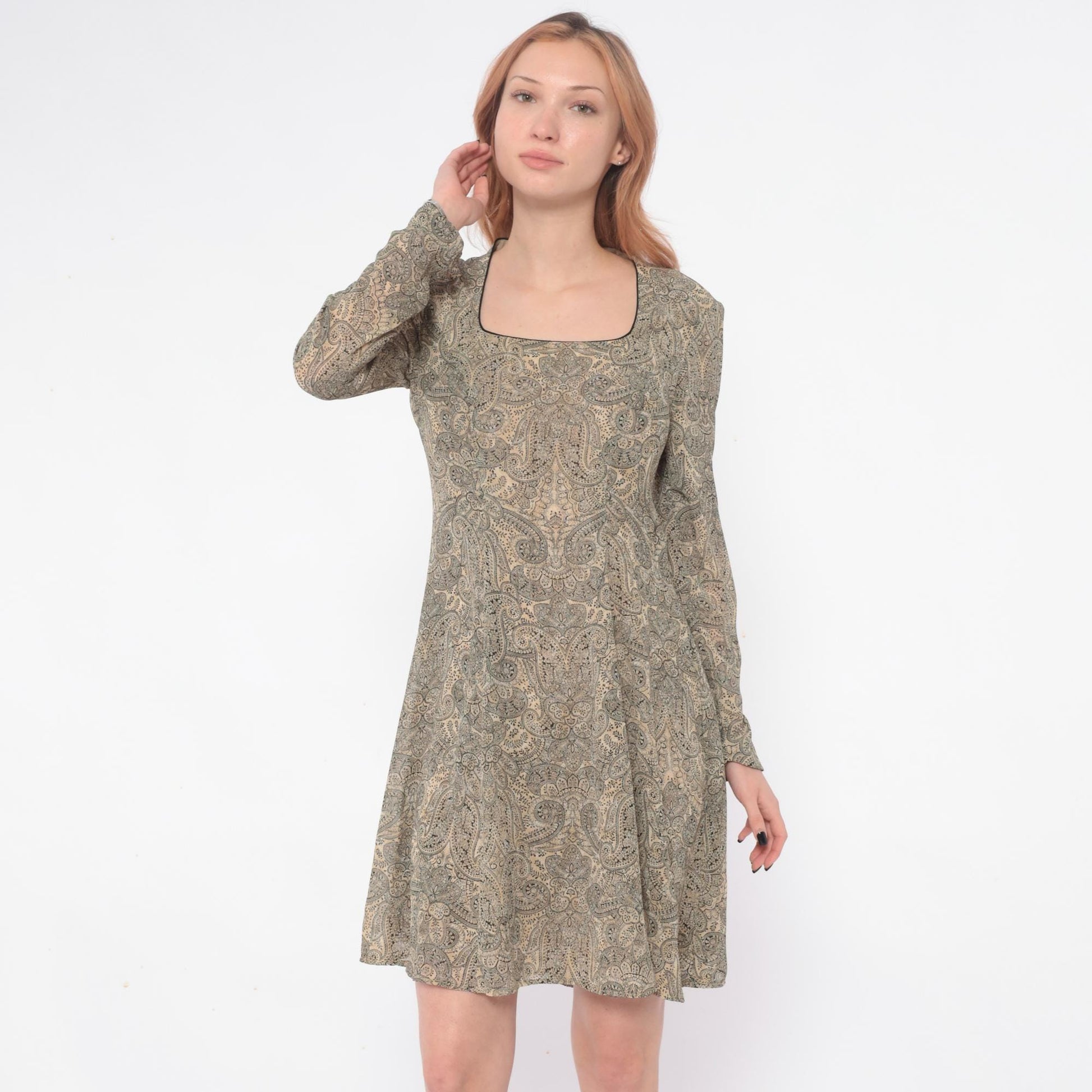 90s Liz Claiborne Paisley Midi Dress Square Neck Long Sleeve Sage Green Small