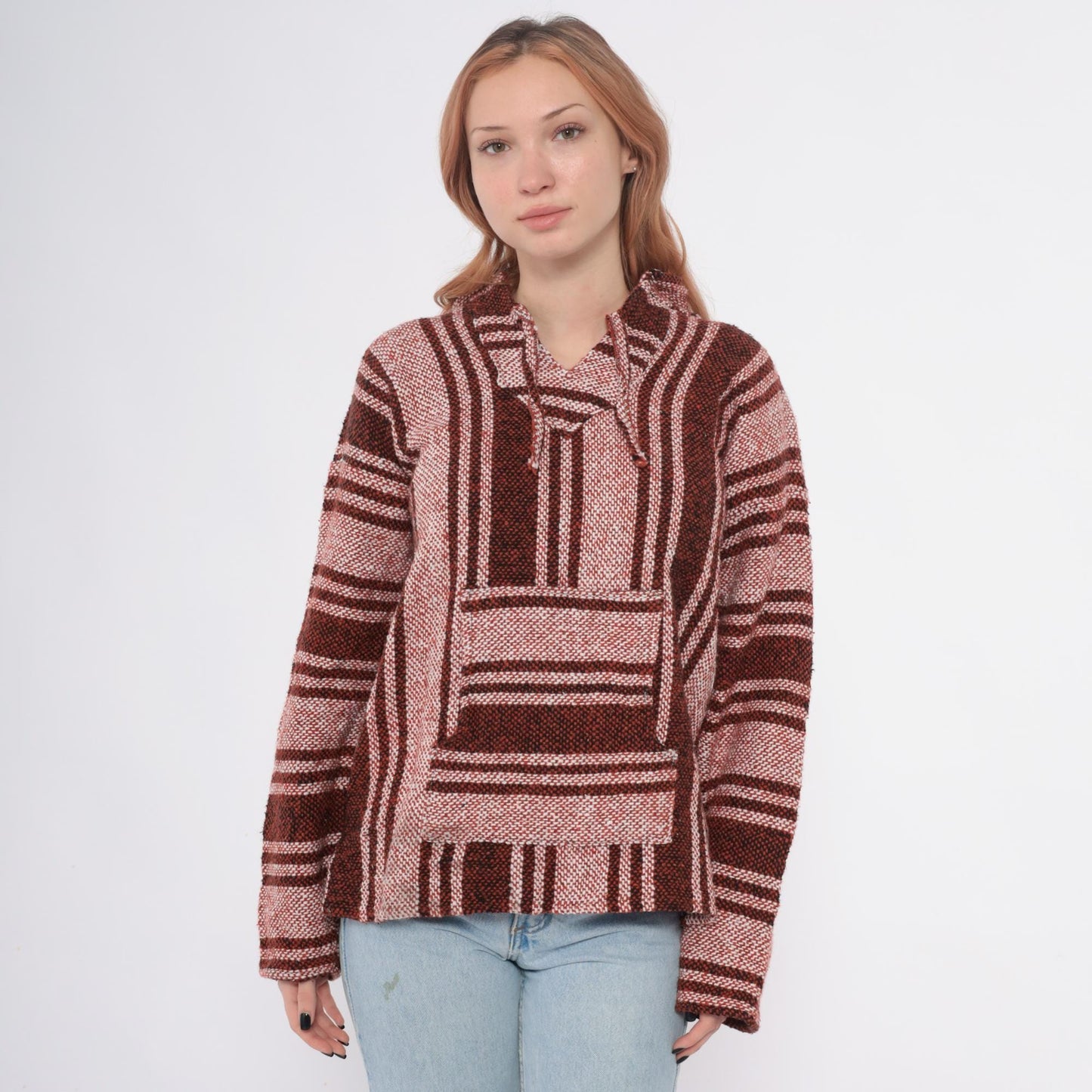 Y2K Baja Hoodie Brown Tan Striped Woven Pullover Kangaroo Pocket Medium M