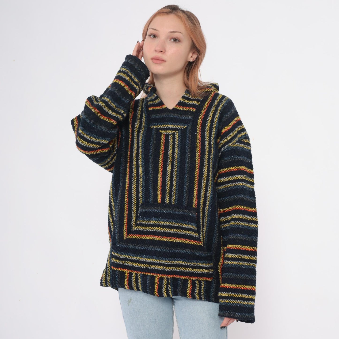90s Iguana Jack Baja Hoodie Black Striped Woven Kangaroo Pocket Extra Large XL
