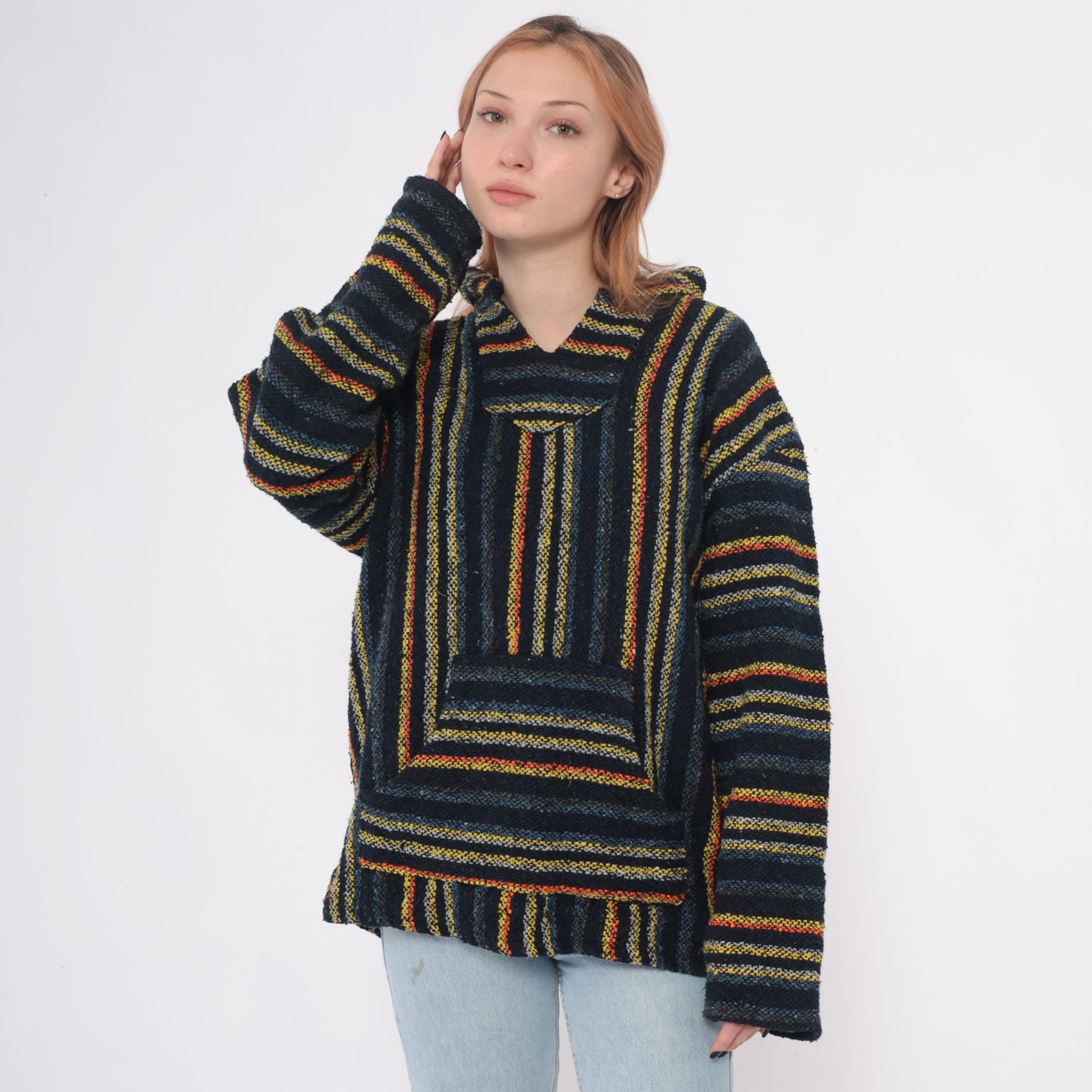90s Iguana Jack Baja Hoodie Black Striped Woven Kangaroo Pocket Extra Large XL