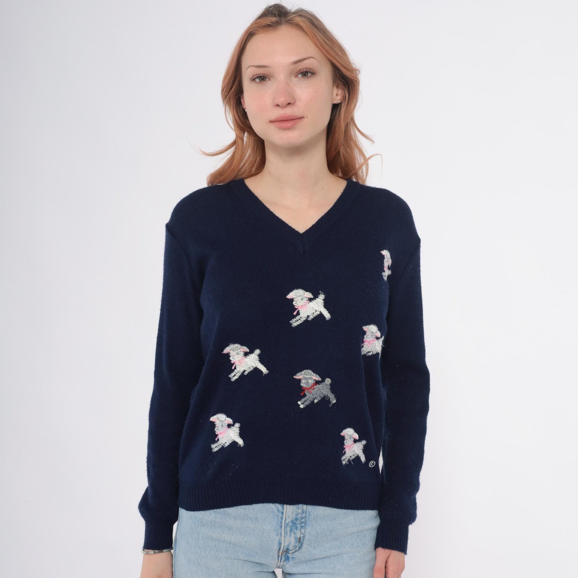 70s Shirlee Designs Navy Lamb Sweater Embroidered Pink Bows Large L