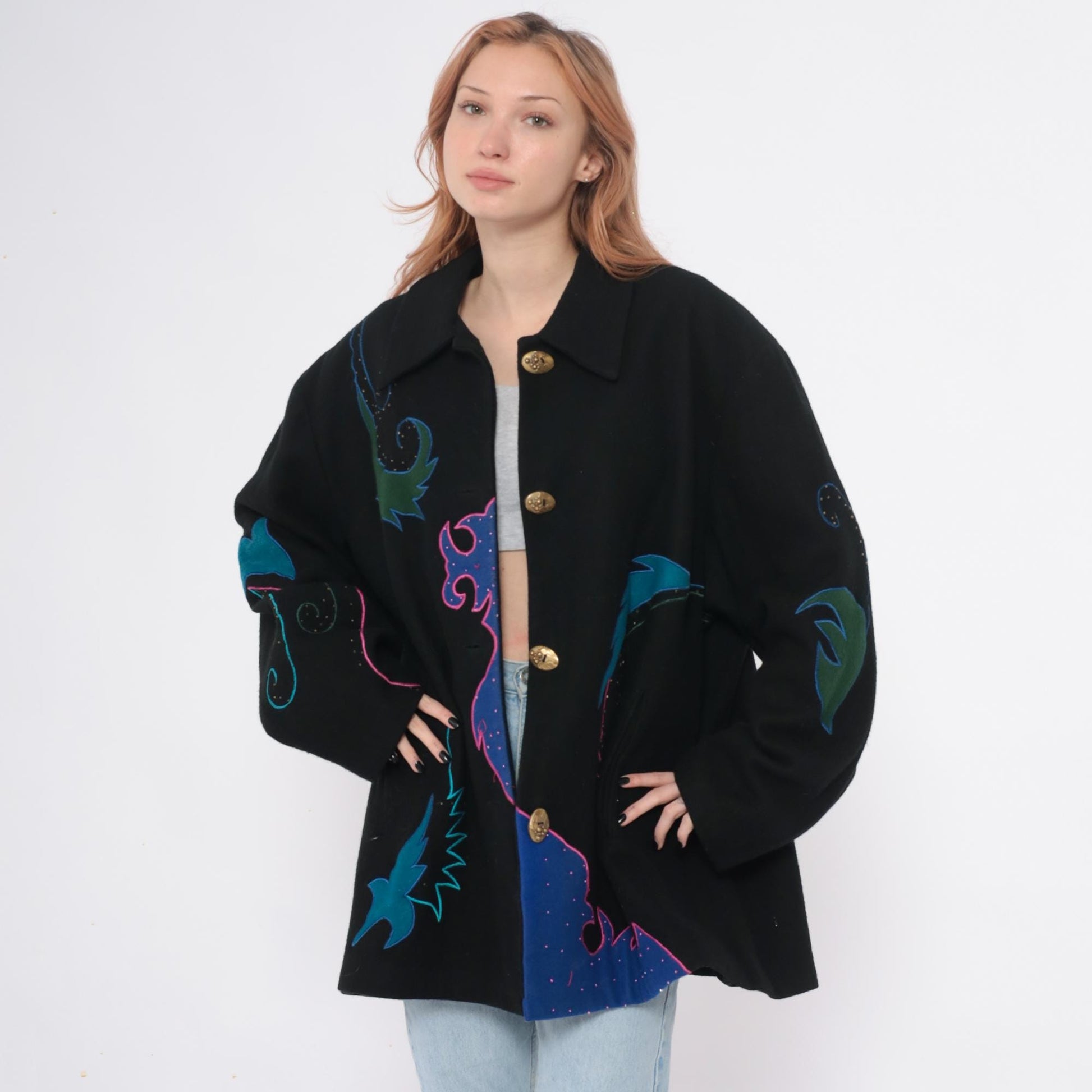90s Black Wool Blazer Beaded Embroidered Teal Pink Gold Statement Jacket Extra Large