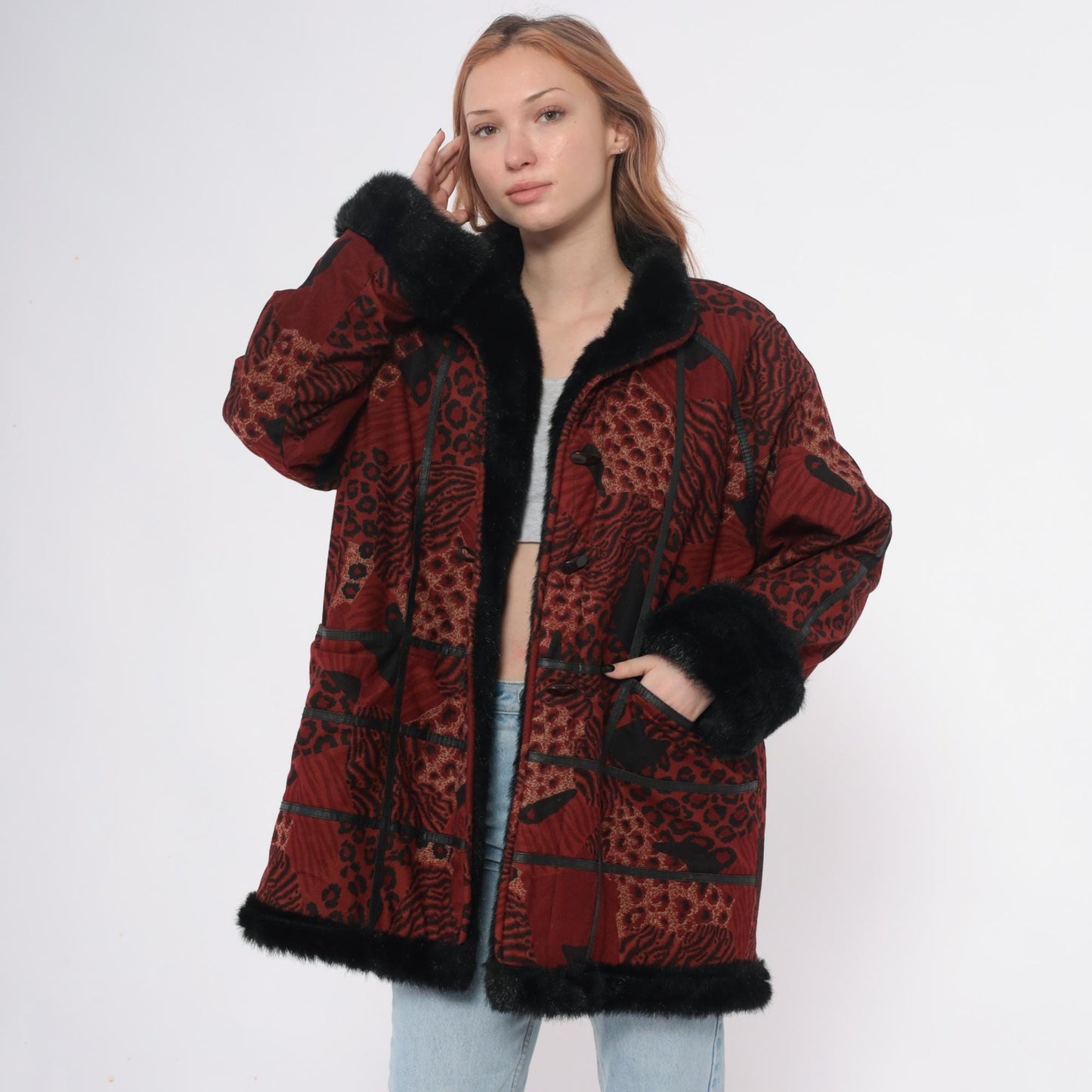 70s Burgundy Patchwork Coat Animal Print Faux Fur Collar Large L