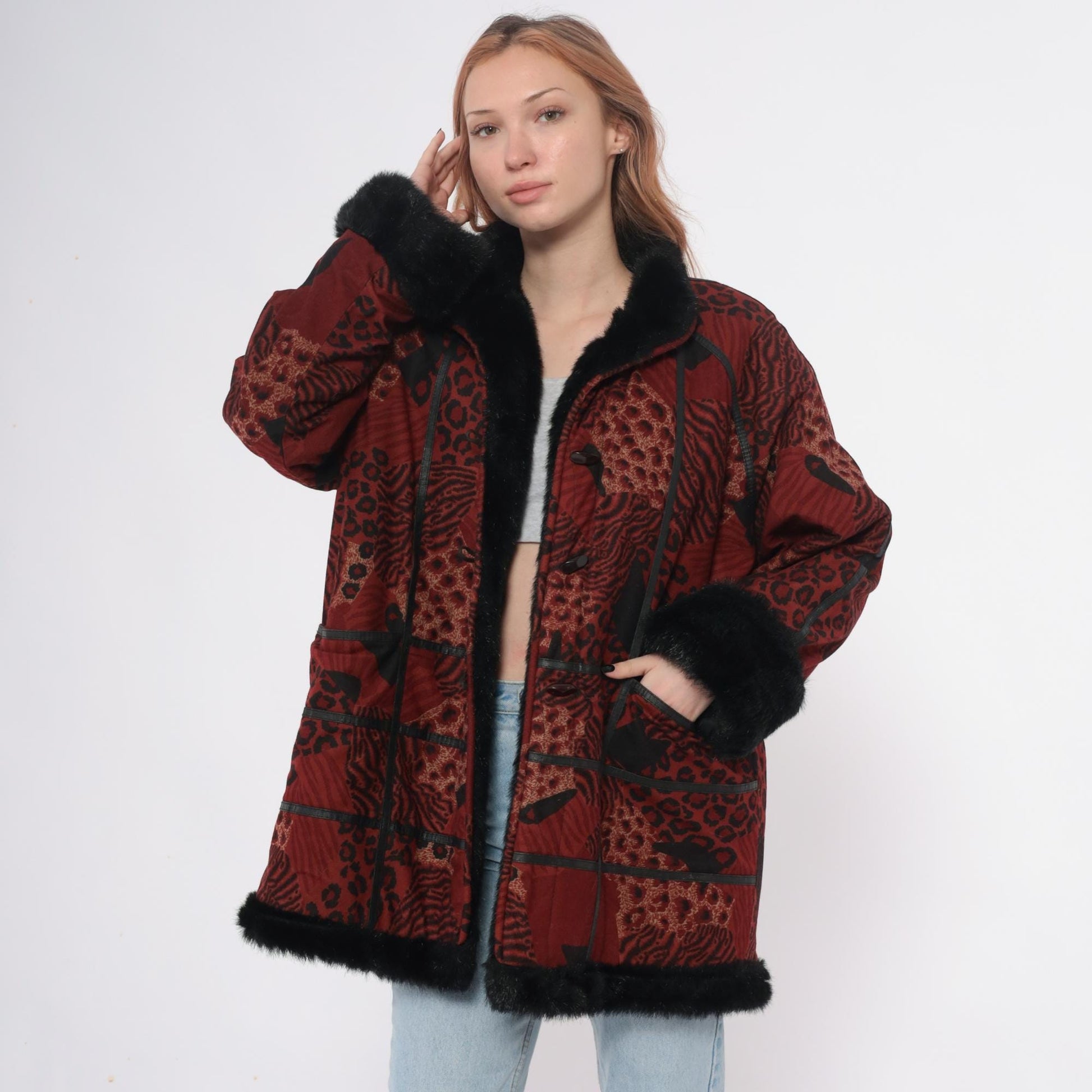 70s Burgundy Patchwork Coat Animal Print Faux Fur Collar Large L
