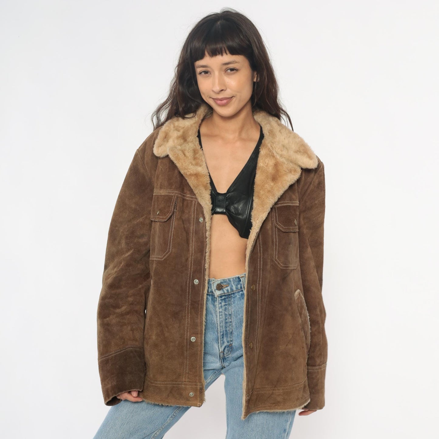 70s JC Penney Brown Suede Sherpa Jacket Western Rancher Coat Extra Large XL