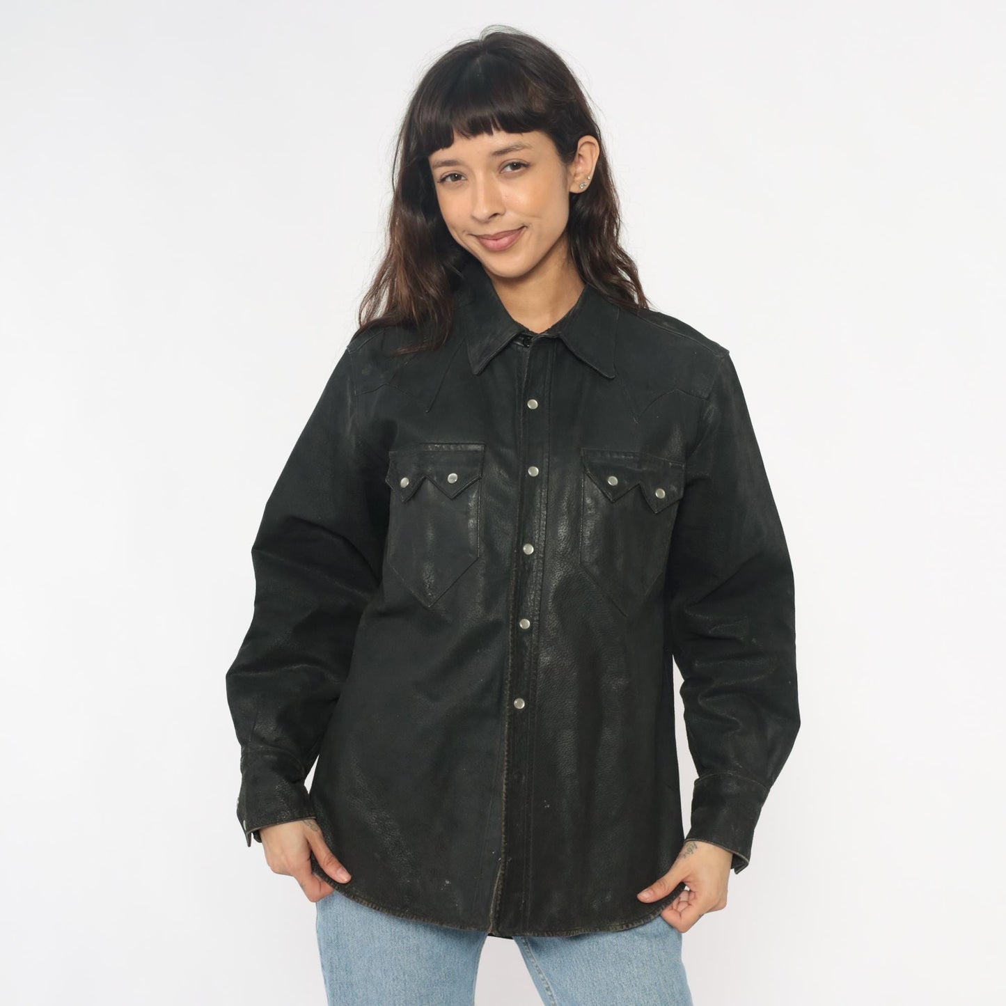 90s Neyries Black Leather Western Shirt Pearl Snap Pointed Yoke Large L