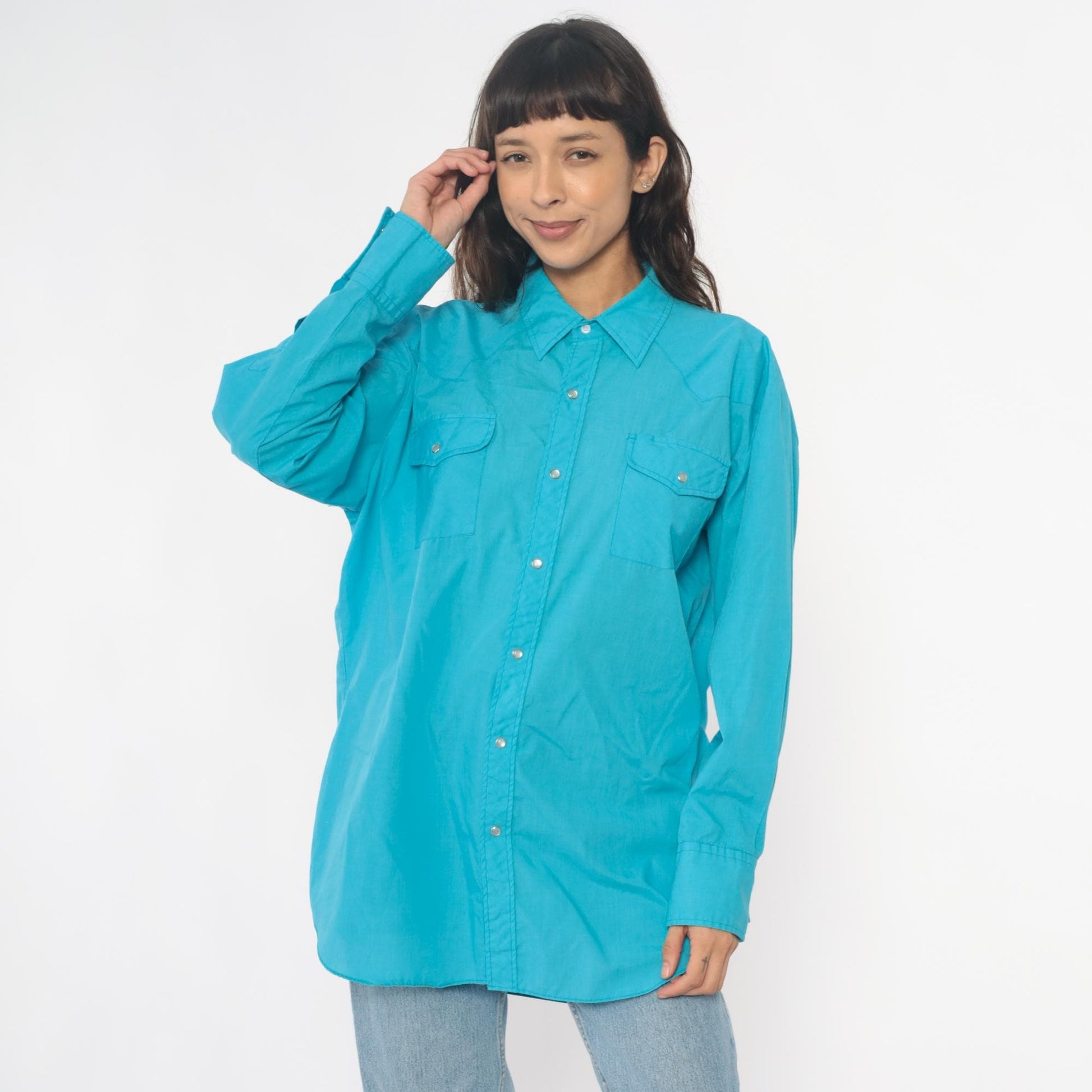 80s Sheplers Turquoise Western Shirt Pearl Snap Collared Long Sleeve Large