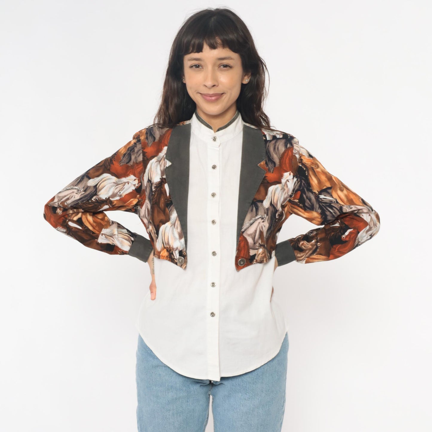 90s Roughrider Western Horse Print Button-Up Blouse White Small